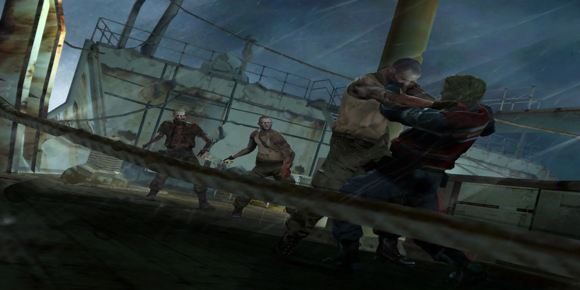 Nhân vật chính chiến đấu với quái vật trên con tàu ma trong game kinh dị Cold Fear PS2