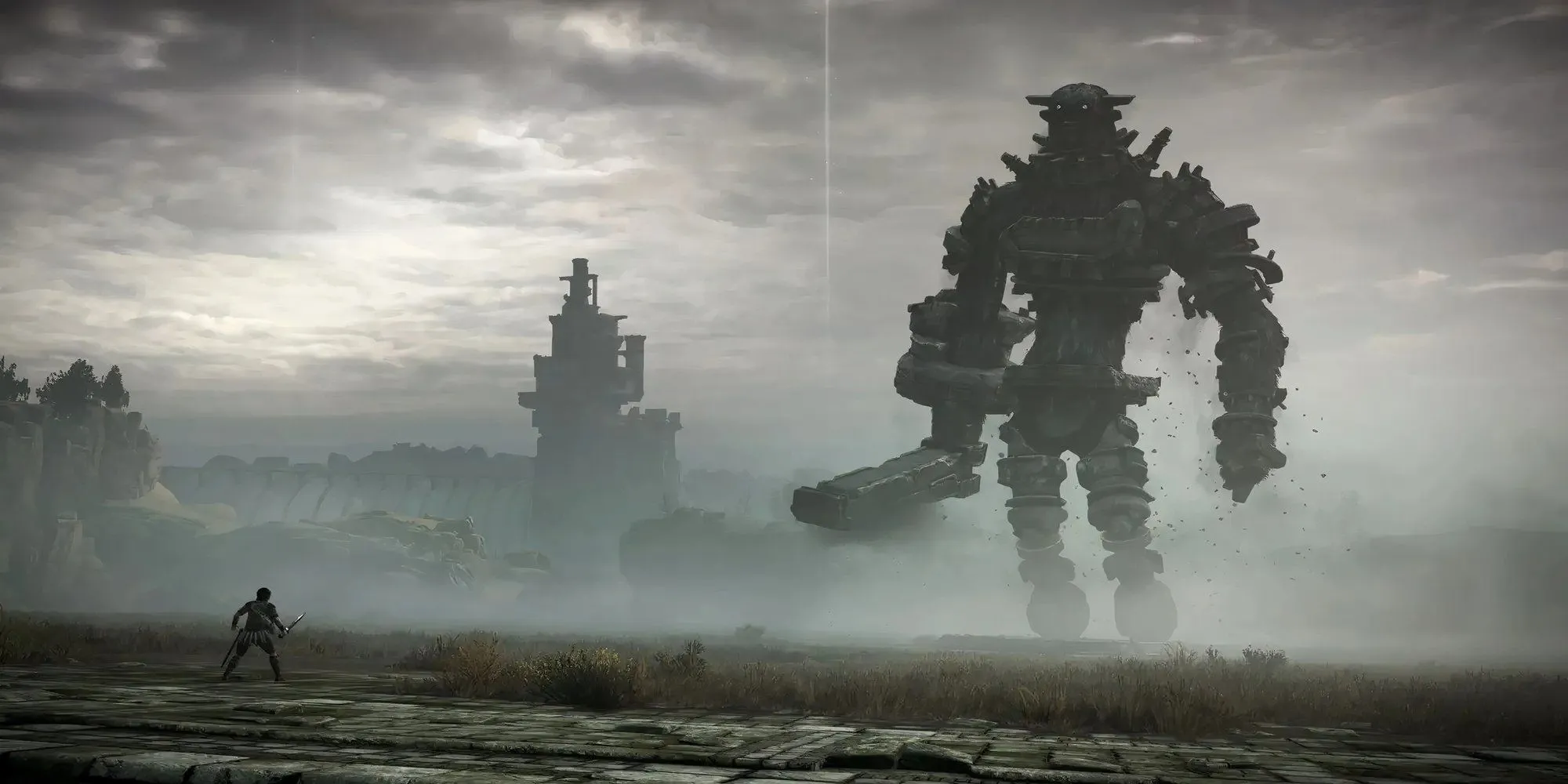 Nhân vật chính đối mặt với một trong những Colossus trong Shadow of the Colossus