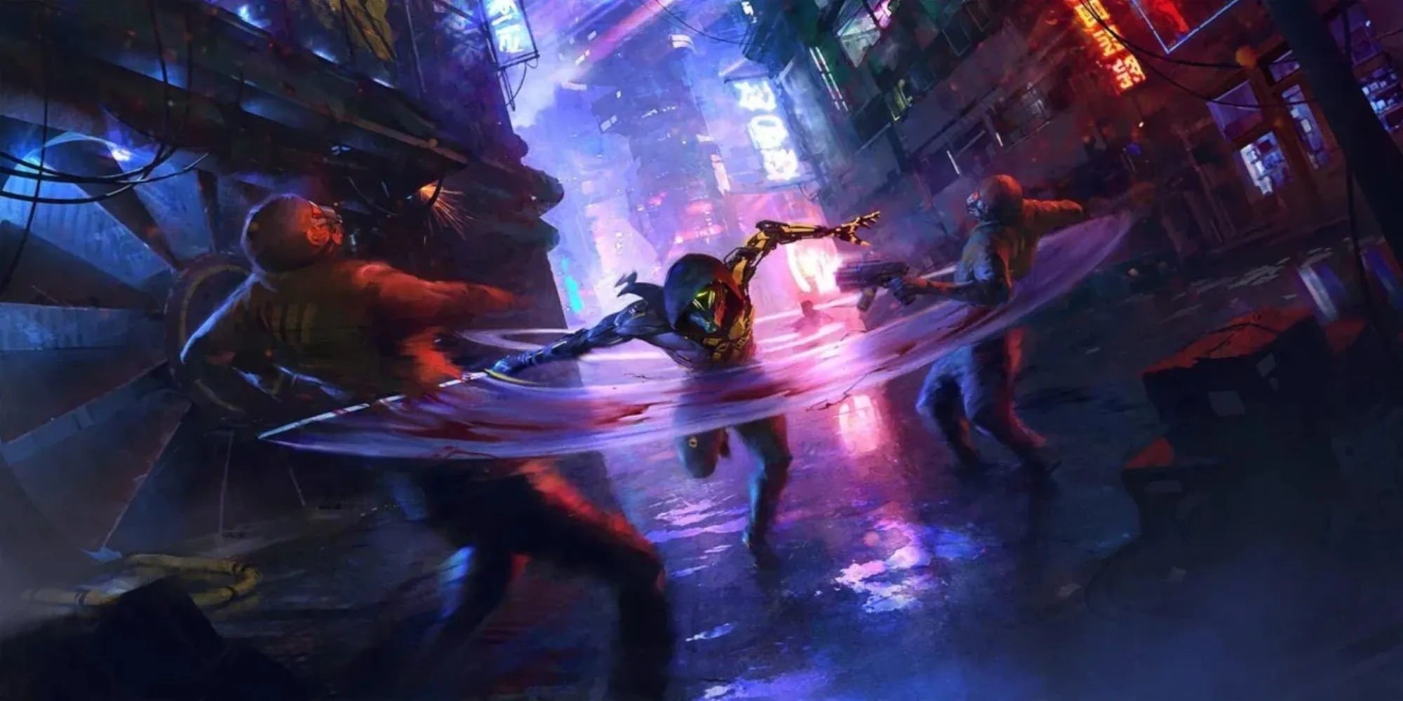 Nhân vật chính Ghostrunner đang thực hiện pha parkour tốc độ cao trong thành phố cyberpunk