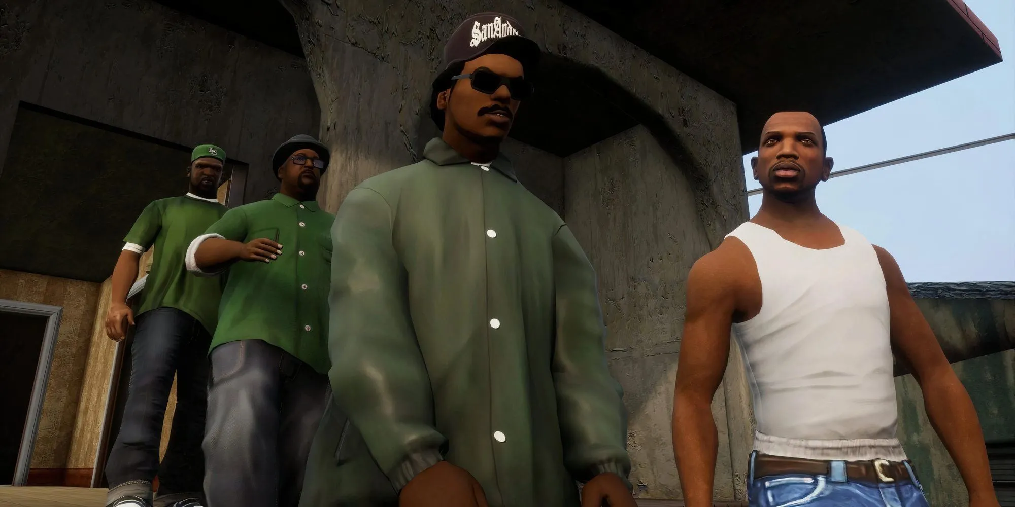 Nhân vật chính rời khỏi một cấu trúc đá trong Grand Theft Auto: San Andreas.