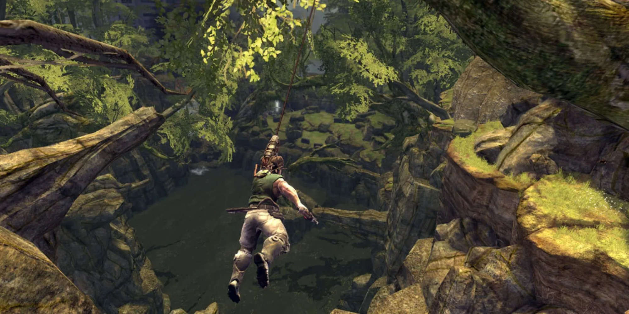 Nhân vật chính sử dụng cánh tay bionic đu mình trong game Bionic Commando 2009