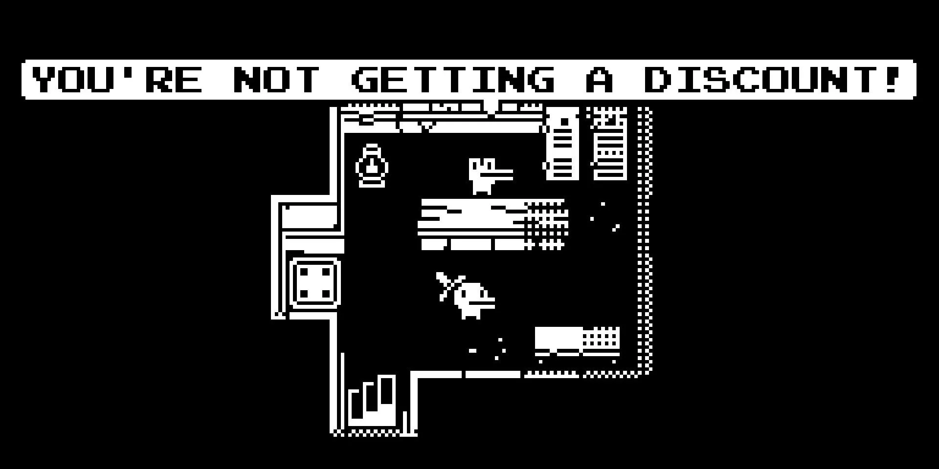 Nhân vật chính trong game Minit đang bước vào một cửa hàng với đồ họa pixel đơn sắc