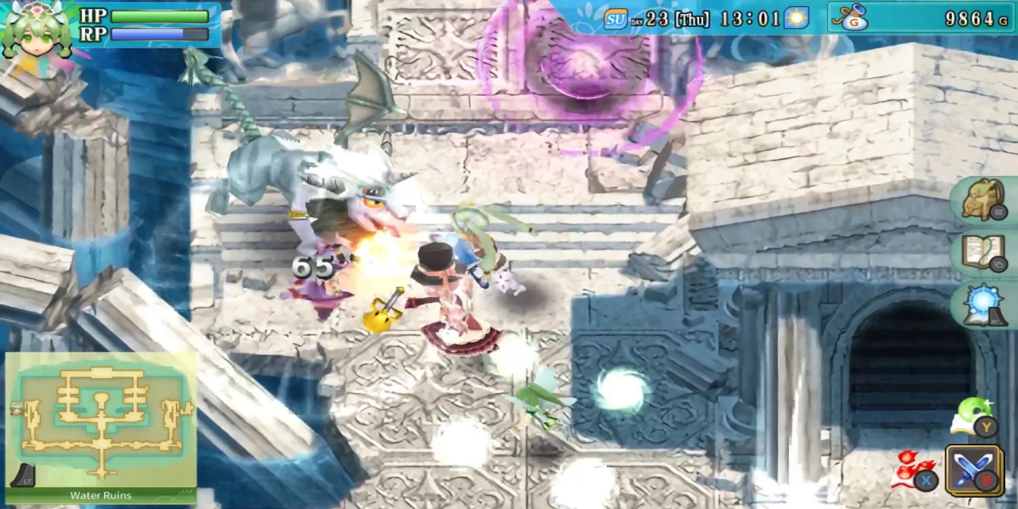 nhân vật chính trong Rune Factory 4 Special chiến đấu với quái vật rồng