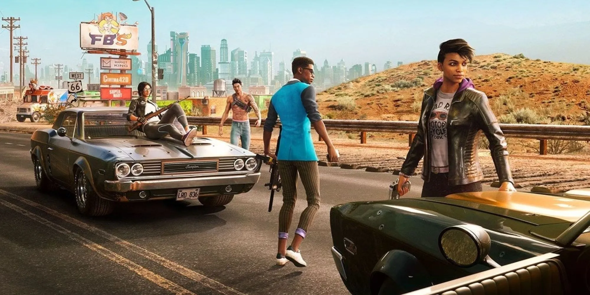 Nhân vật chính trong Saints Row 2022 đứng giữa một thành phố đầy màu sắc và hỗn loạn
