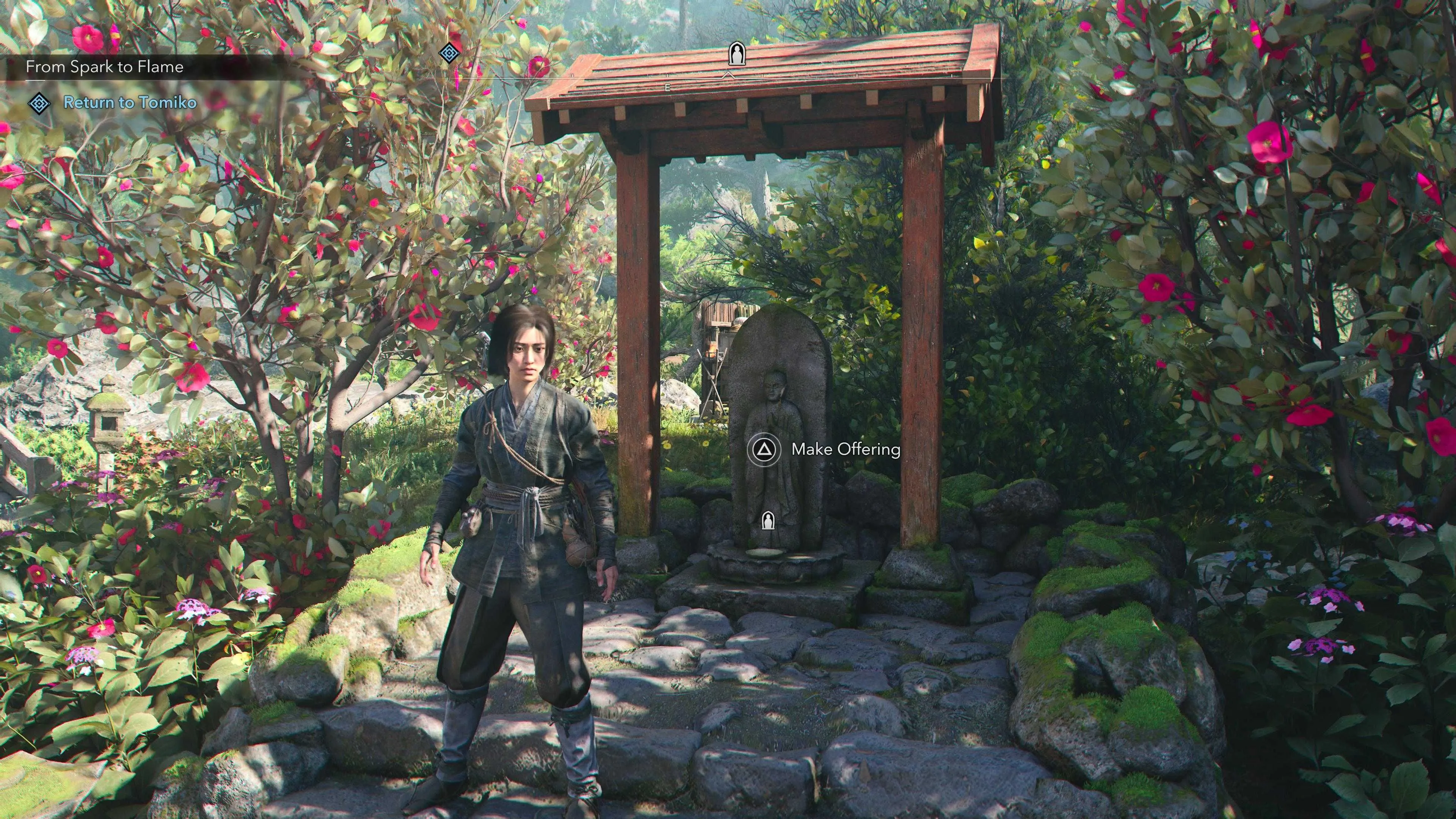 Nhân vật dâng lễ tại một ngôi đền cổ kính trong Assassin's Creed Shadows để nhận điểm kinh nghiệm