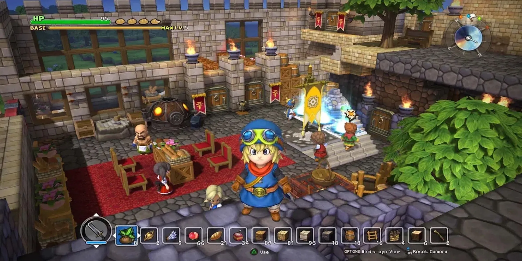 nhân vật Dragon Quest Builders chiến đấu với golem đá khổng lồ