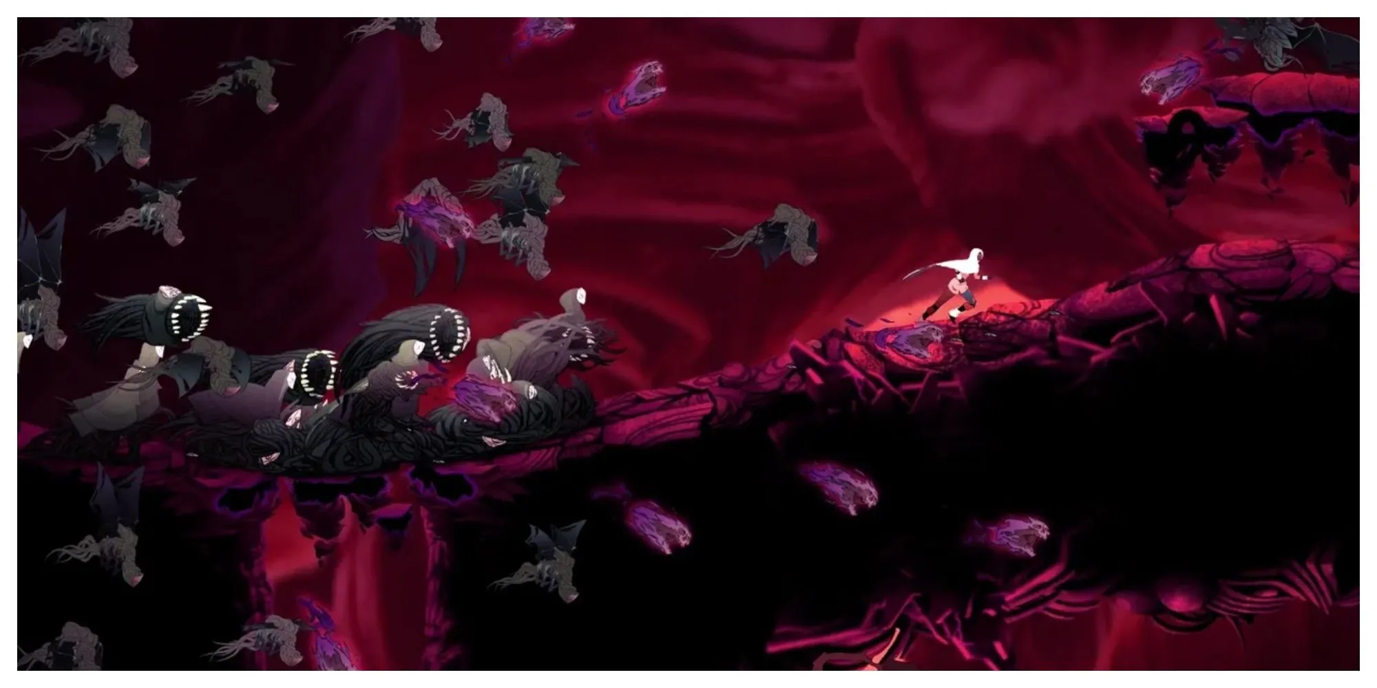 Nhân vật Eshe trong Sundered Eldritch Edition chiến đấu với một con trùm khổng lồ mang phong cách Lovecraftian