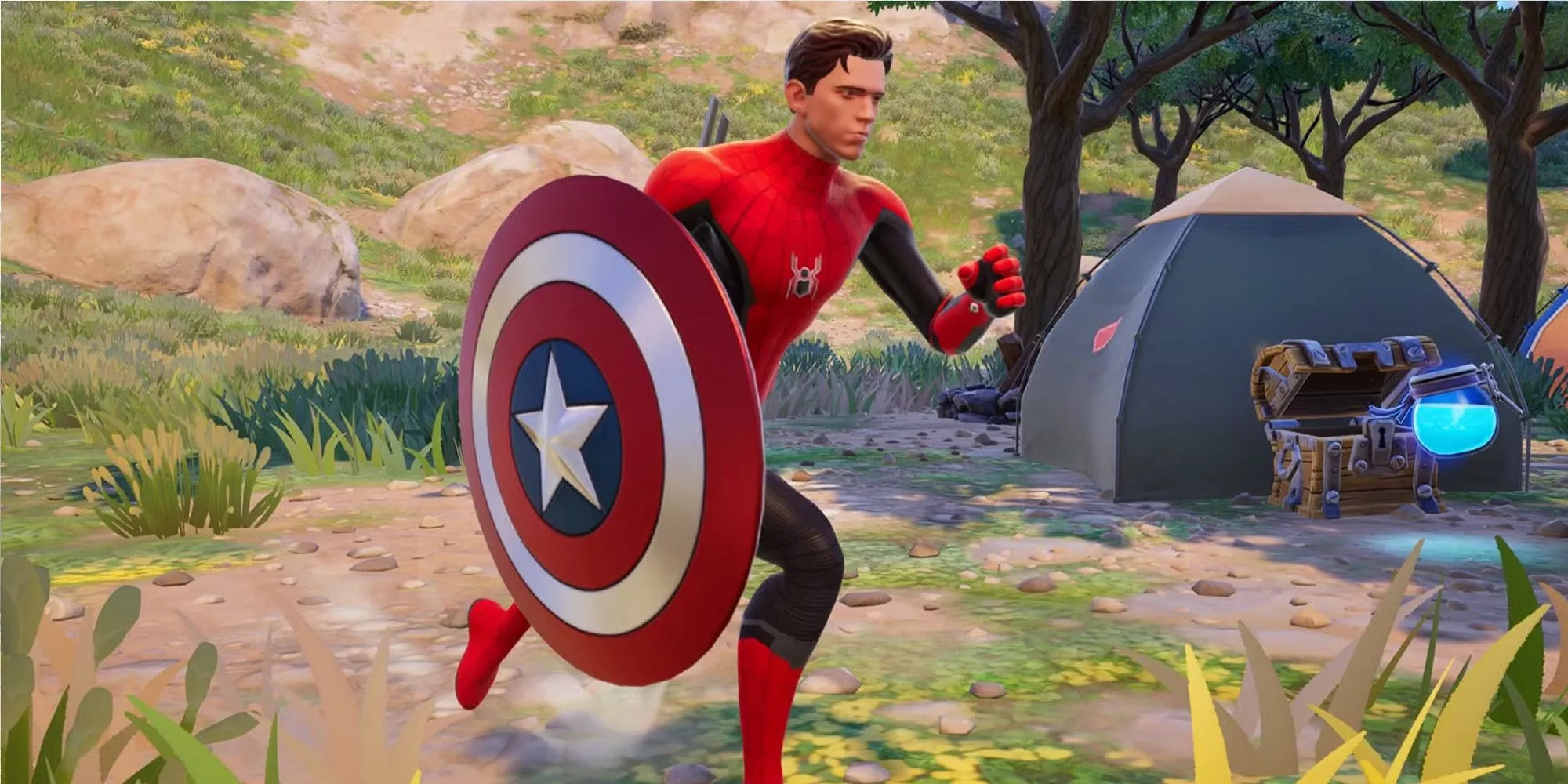Nhân vật Fortnite cầm chiếc khiên của Captain America trong một sự kiện crossover