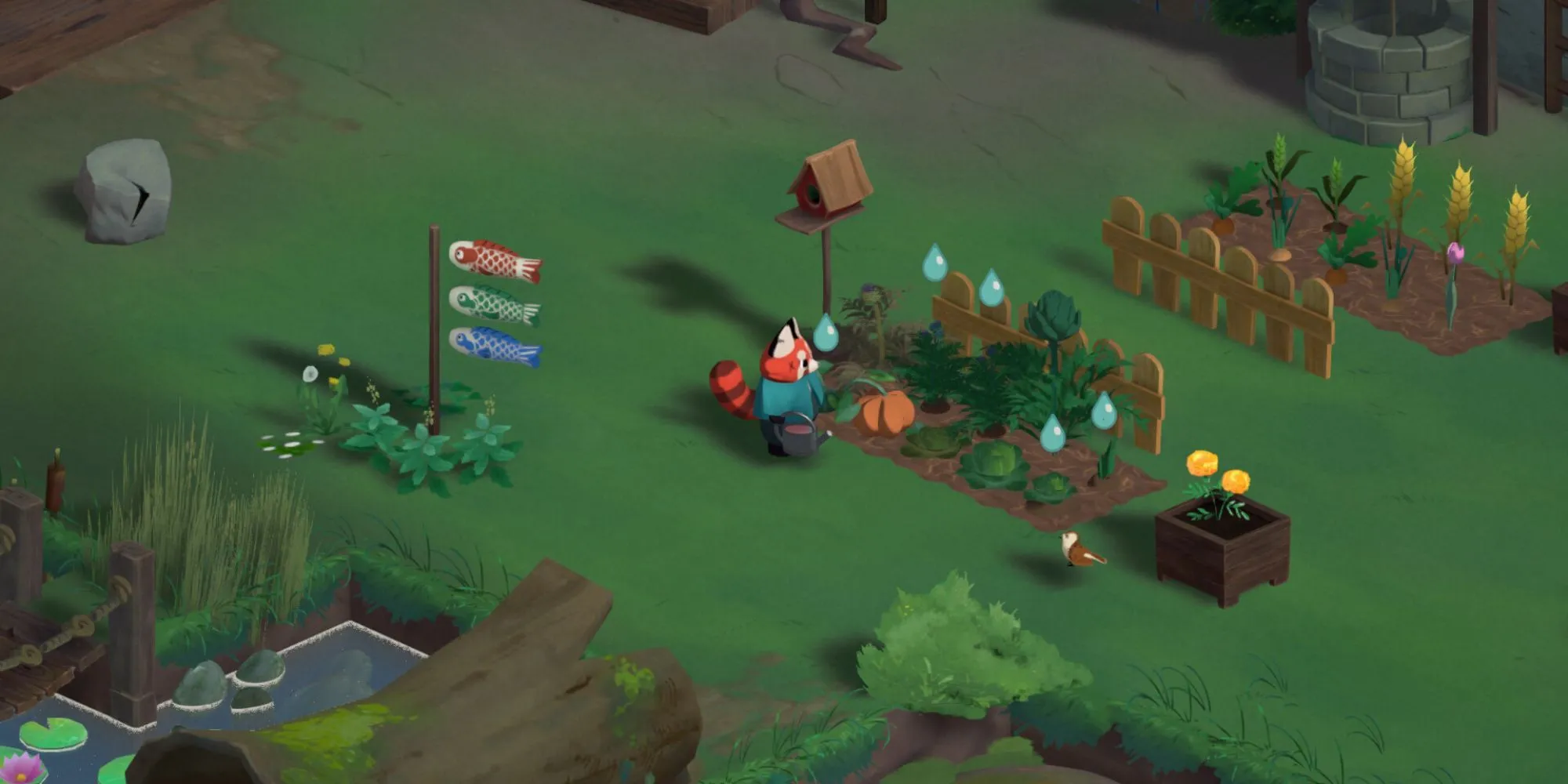 Nhân vật gấu trúc đỏ đang làm vườn trong game Aka