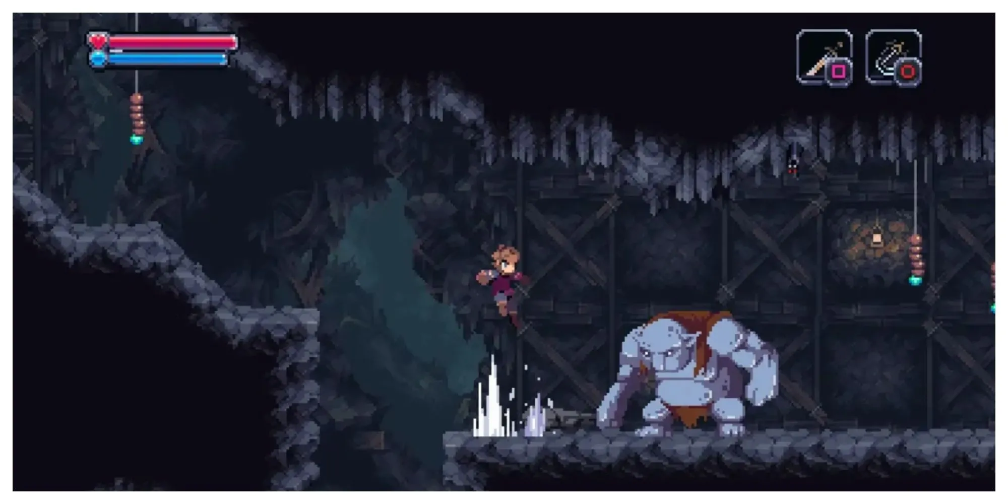 Nhân vật hiệp sĩ trong Chasm đối mặt với một con quái vật bay trong một hang động pixel art chi tiết