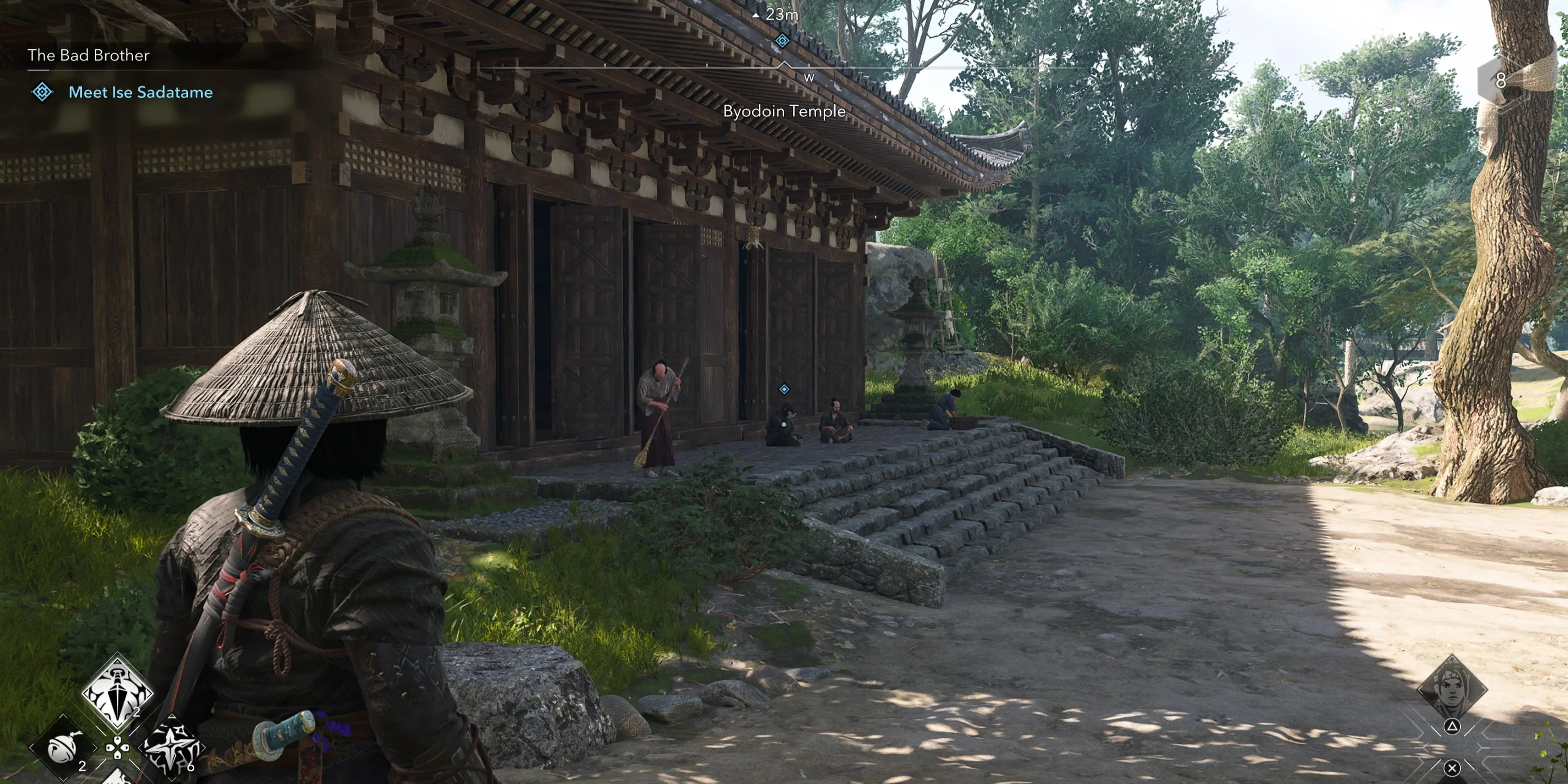 Nhân vật Ise Sadatame trong Assassin's Creed Shadows tại Đền Byodoin