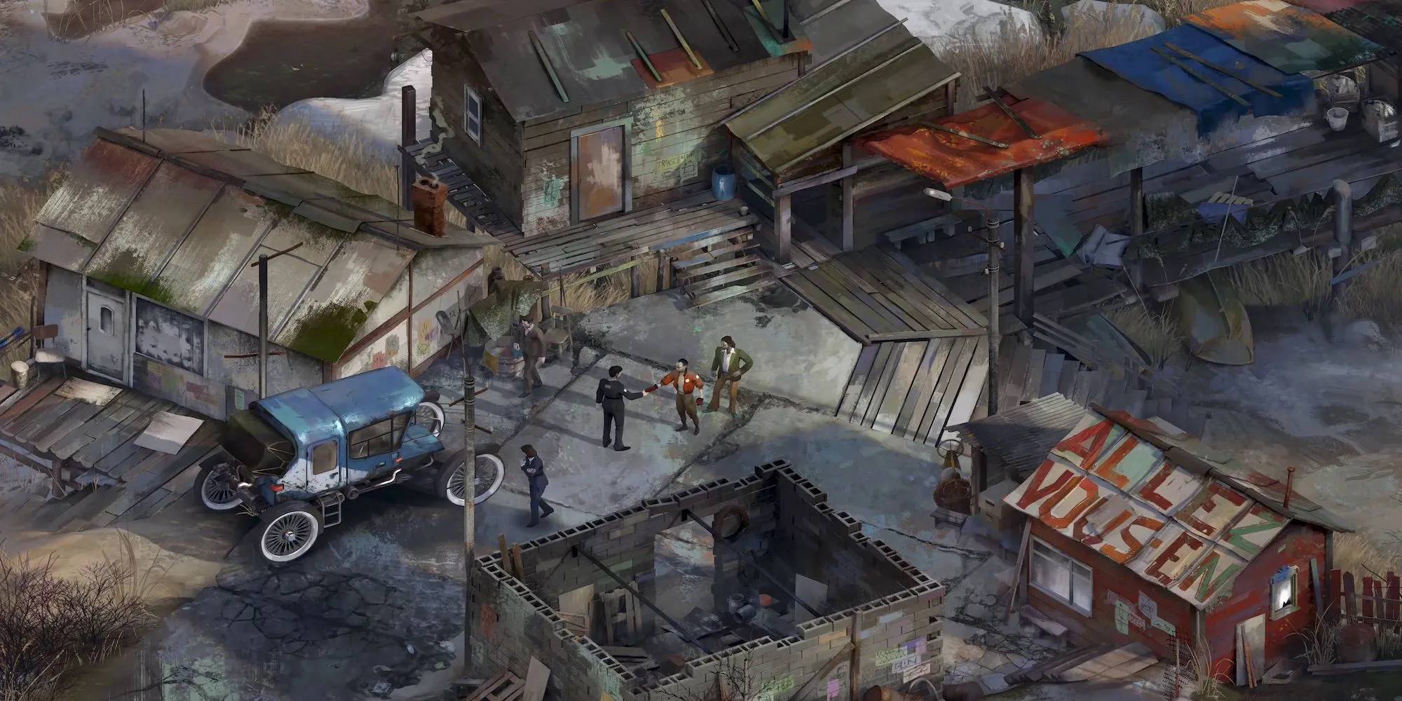 Nhân vật Kim Kitsuragi bắt tay một nhân vật khác trong thế giới game Disco Elysium
