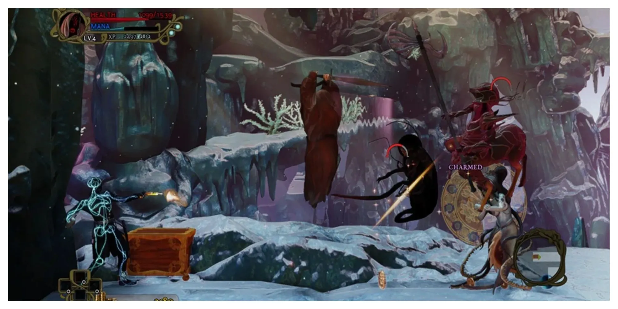 Nhân vật nữ chiến binh trong Abyss Odyssey đứng giữa một khu rừng tối tăm, chuẩn bị cho cuộc chiến