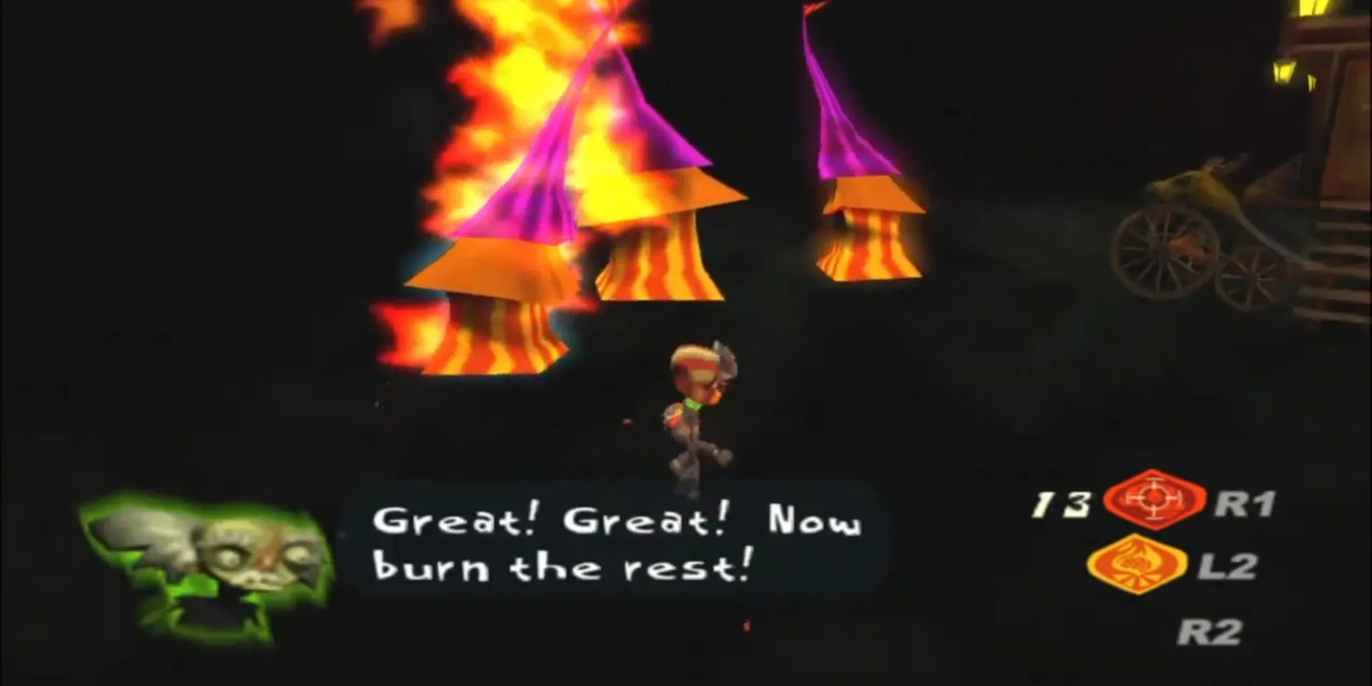 Nhân vật Raz sử dụng năng lực Pyrokinesis trong game Psychonauts để đốt cháy đồ vật.