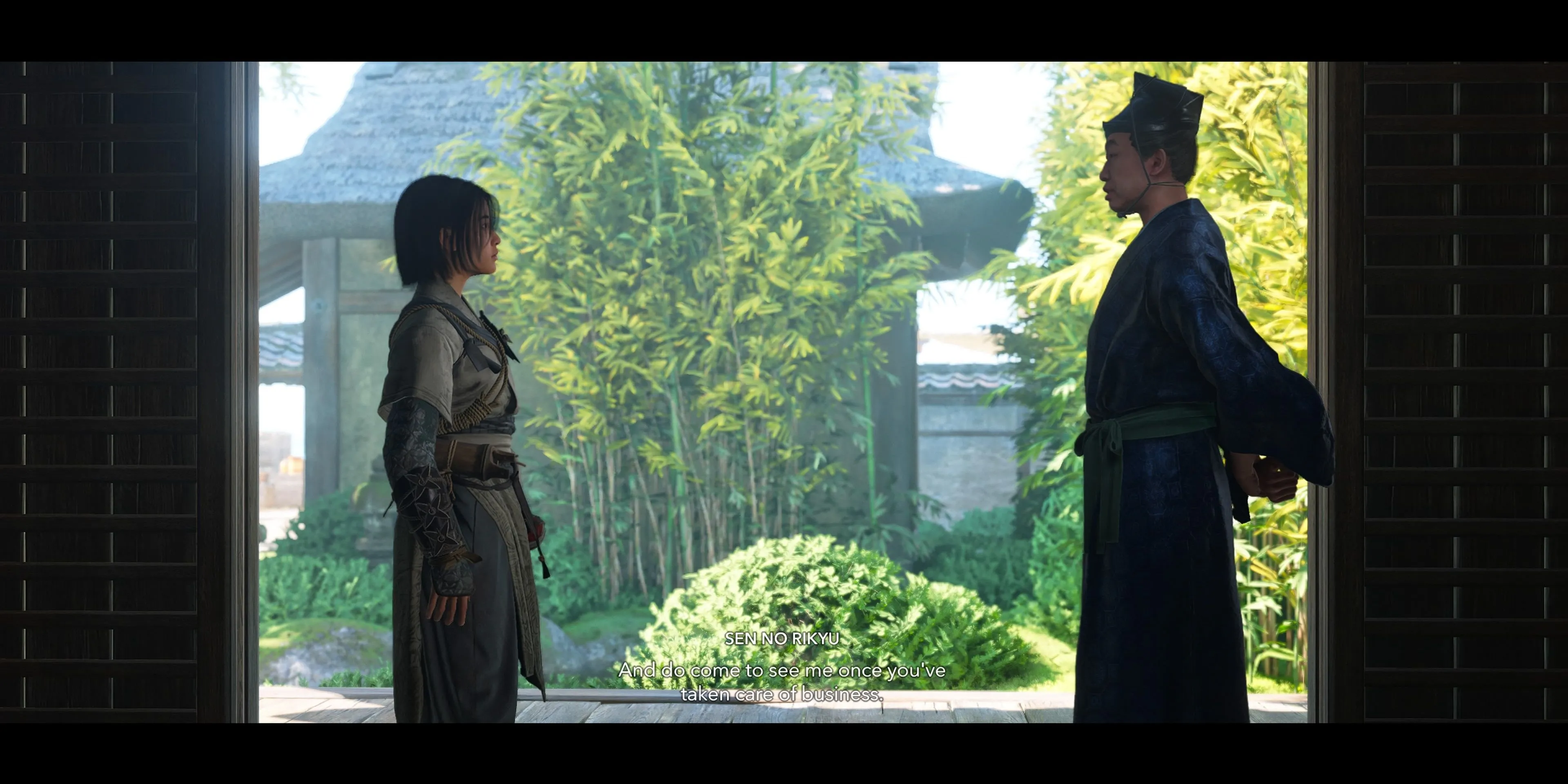 Nhân vật Sen No Rikyu đang nói chuyện với Naoe trong Assassin's Creed Shadows