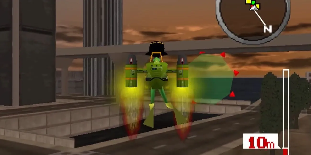 Nhân vật sử dụng jetpack trong game Pilotwings 64, thể hiện lối chơi bay lượn