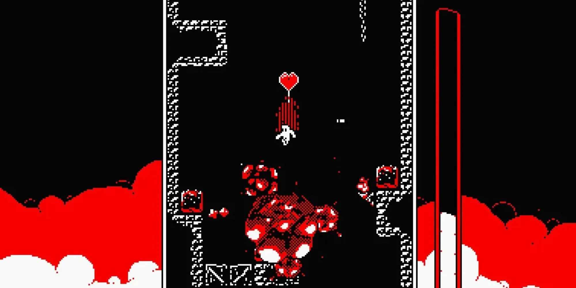 Nhân vật trong game Downwell đang né tránh các vụ nổ trong một màn chơi đầy thử thách