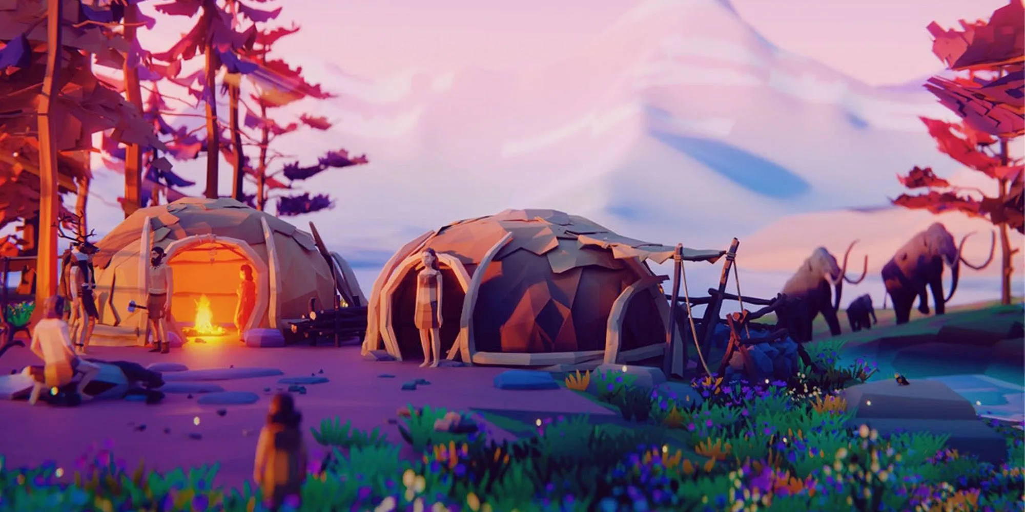 Nhân vật trong game Polylithic đứng giữa khung cảnh đồ họa low-poly đầy màu sắc đặc trưng của một tựa game tiền sử.