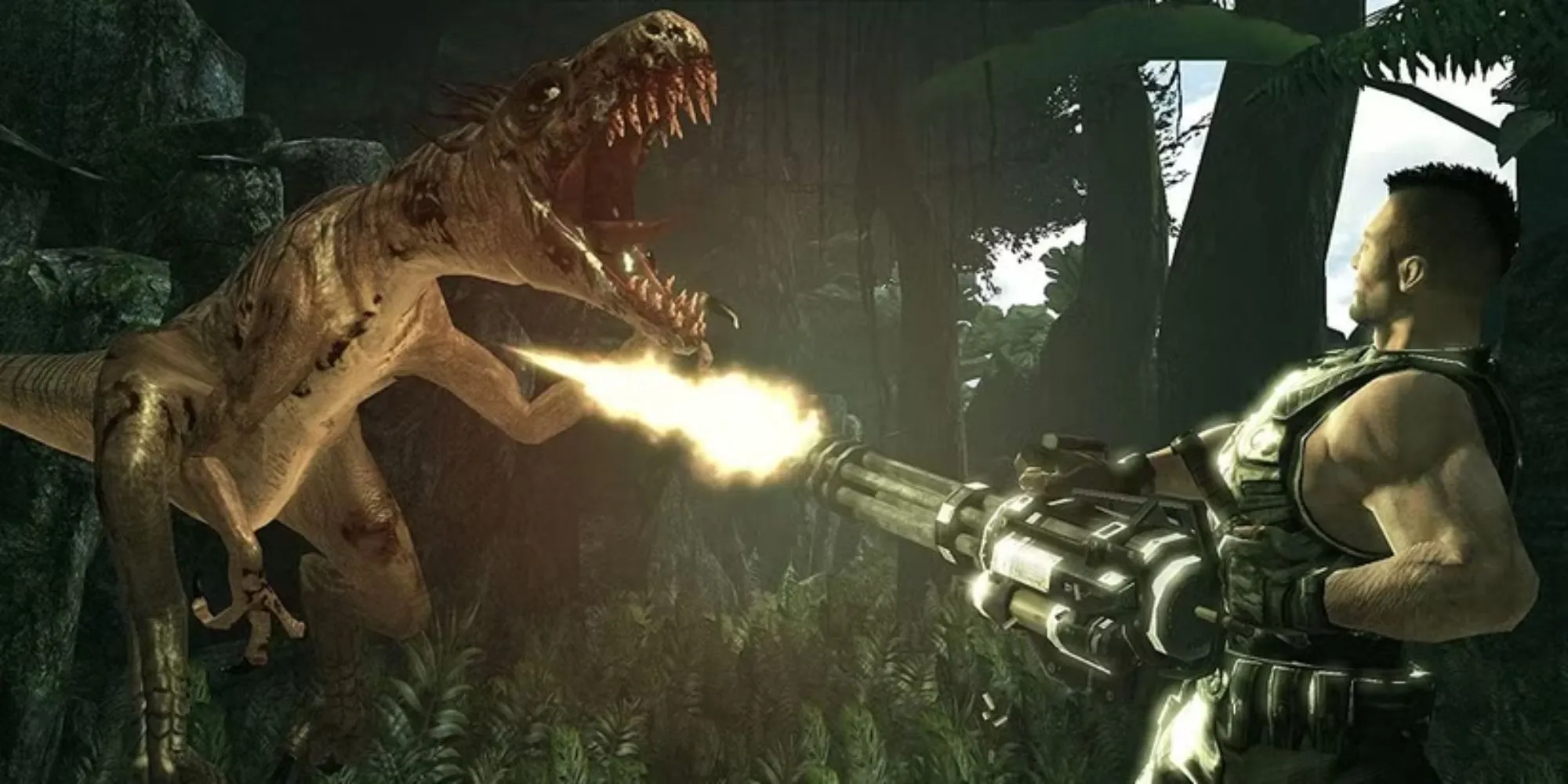 Nhân vật Turok đối mặt với một con khủng long trong game Turok 2008