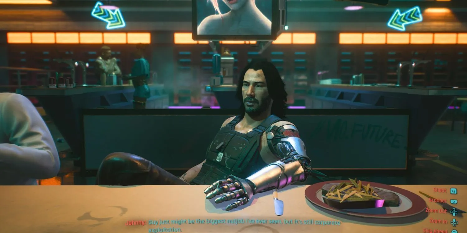 Nhân vật V trong Cyberpunk 2077 nhìn ra thành phố Night City rực rỡ ánh đèn neon