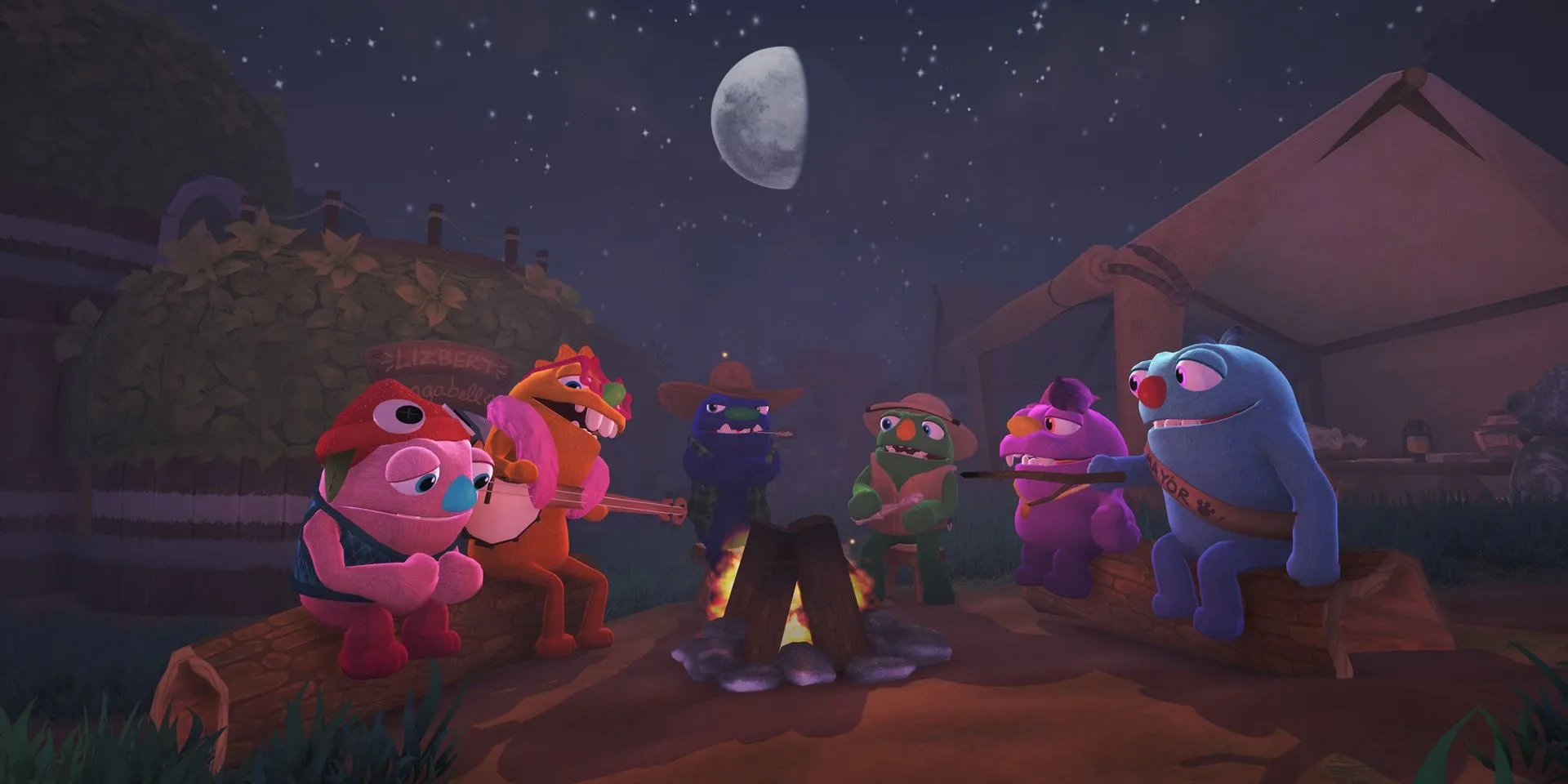Nhóm nhân vật tập trung quanh đống lửa trong game Bugsnax
