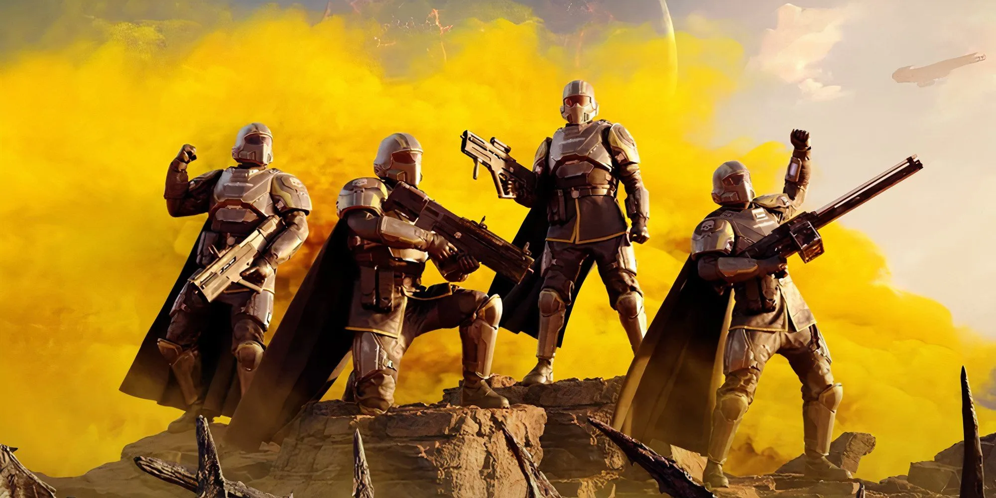 Nhóm nhân vật từ Helldivers 2 đứng trong tư thế chiến thắng