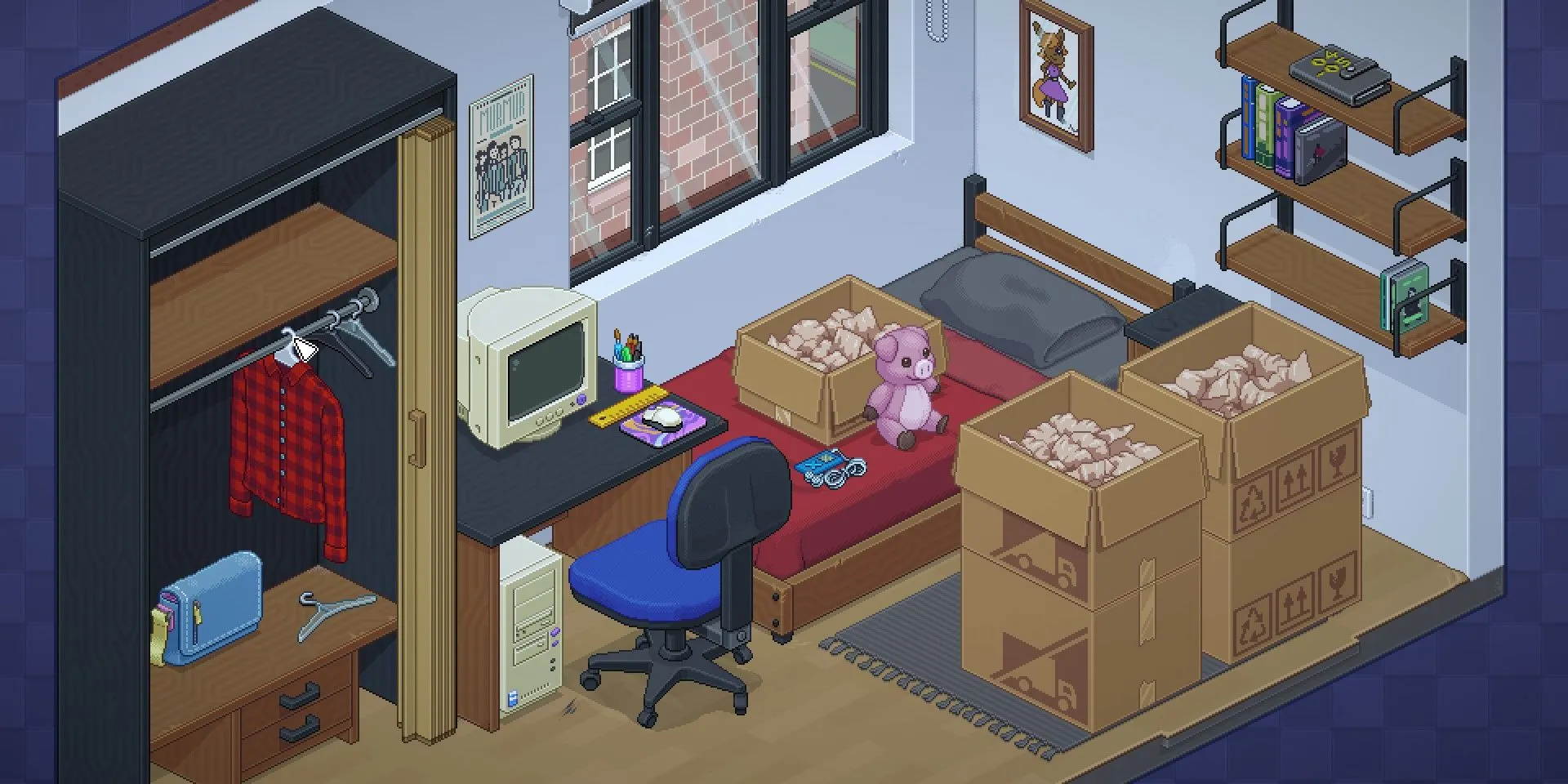 Những thùng đồ đang chờ được sắp xếp trong một căn phòng ký túc xá ở game Unpacking