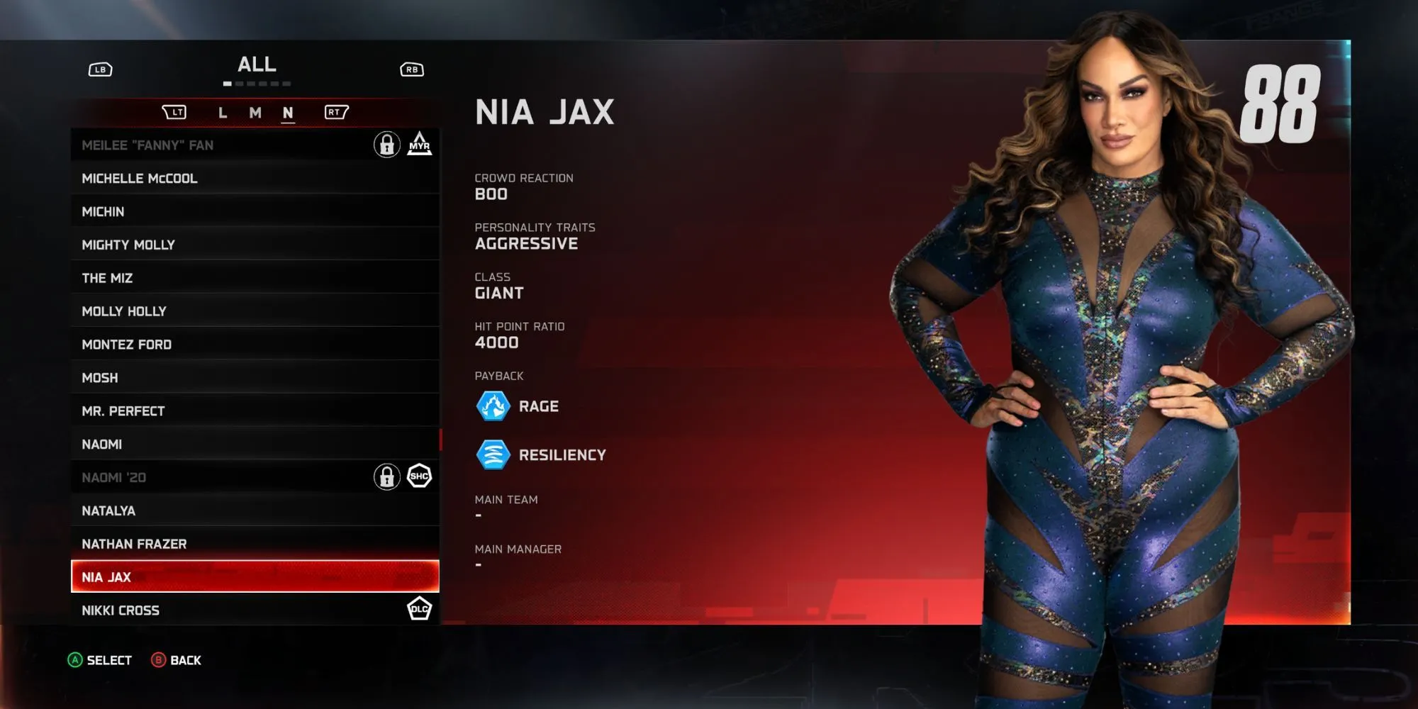 Nia Jax, một đô vật thuộc phong cách The Giant trong WWE 2K25, đang thể hiện sức mạnh trên sàn đấu
