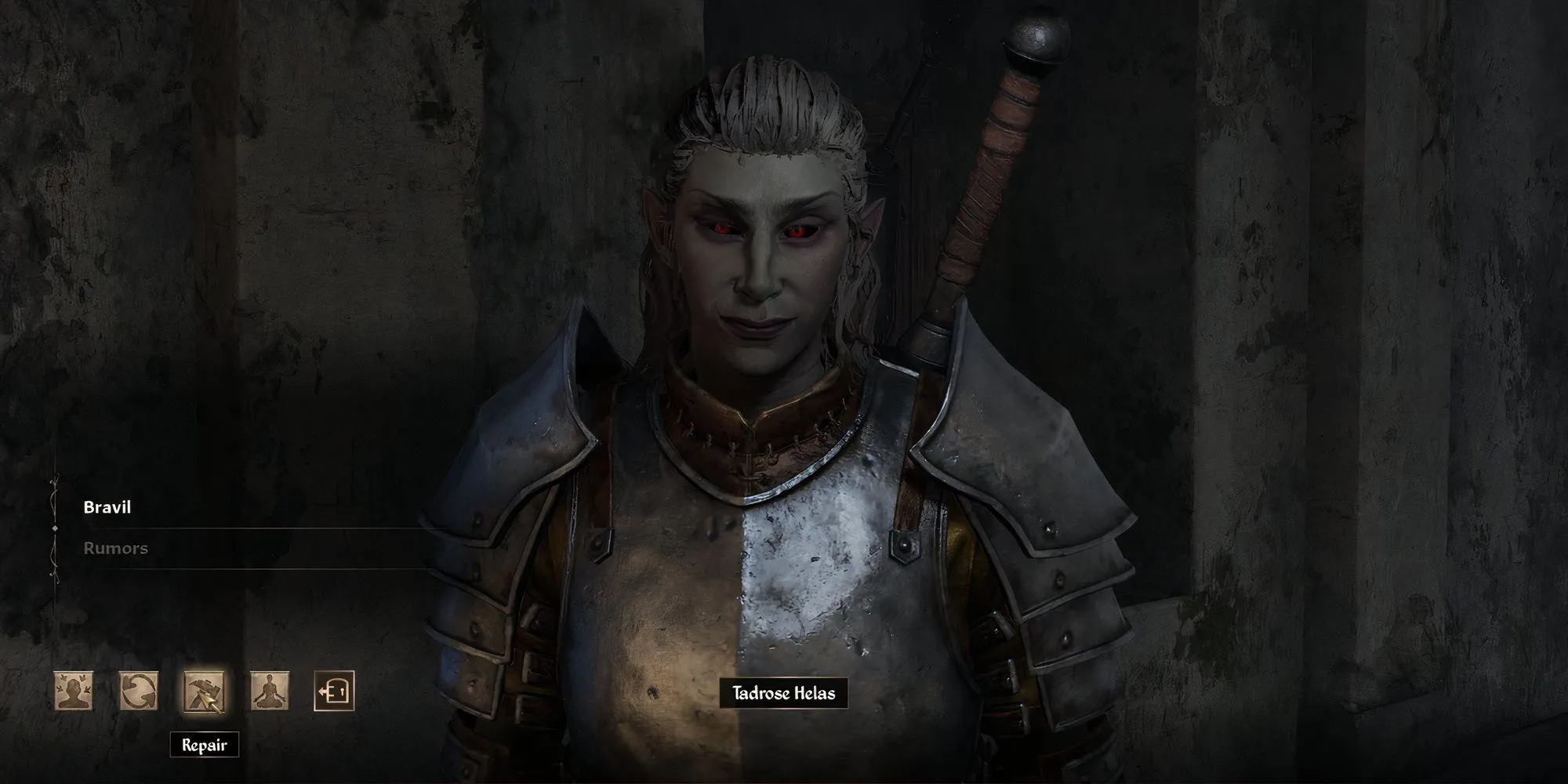 NPC Tadrose Helas, một thợ rèn và huấn luyện viên kỹ năng Armorer tại Bravil trong Oblivion Remastered