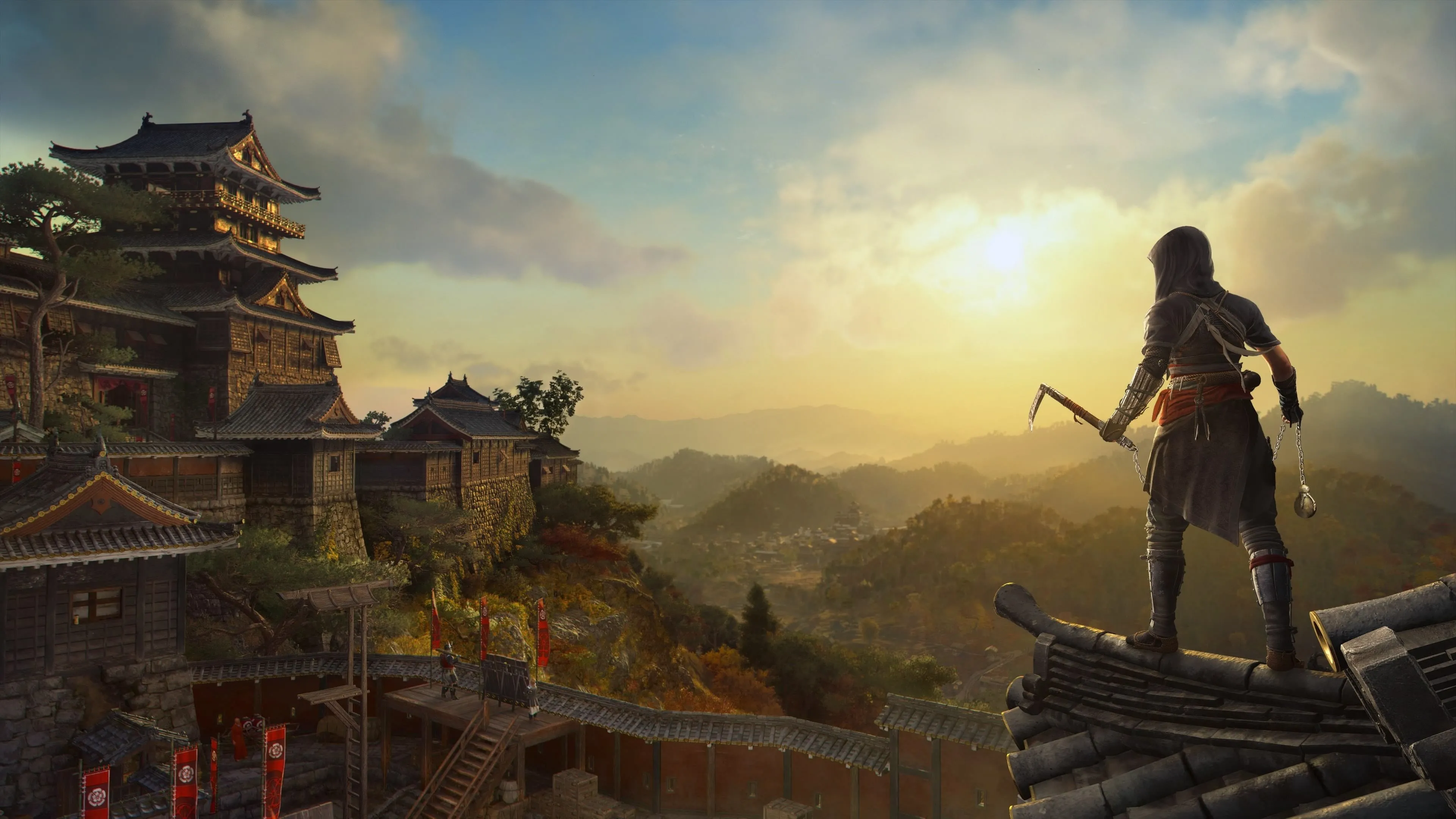 Nữ sát thủ Naoe nhìn ra khung cảnh rộng lớn và đẹp đẽ của Nhật Bản trong Assassin's Creed Shadows