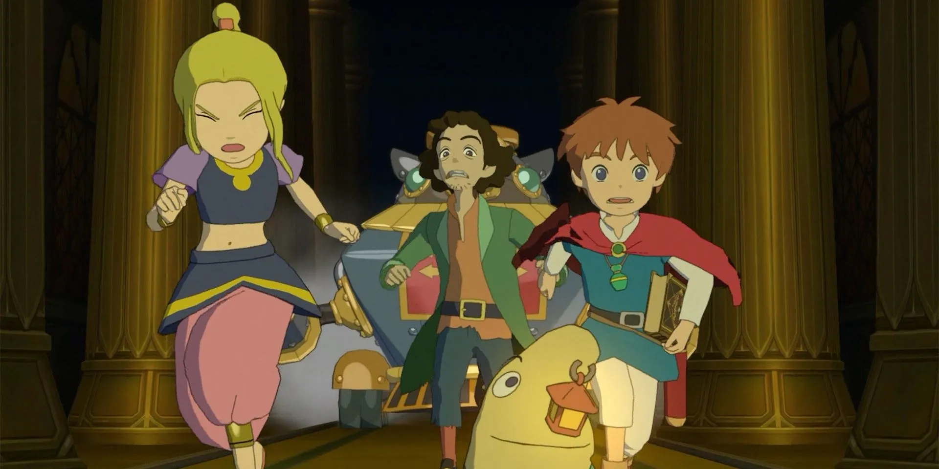 Oliver và những người bạn chạy trốn robot trong Ni no Kuni: Wrath of the White Witch
