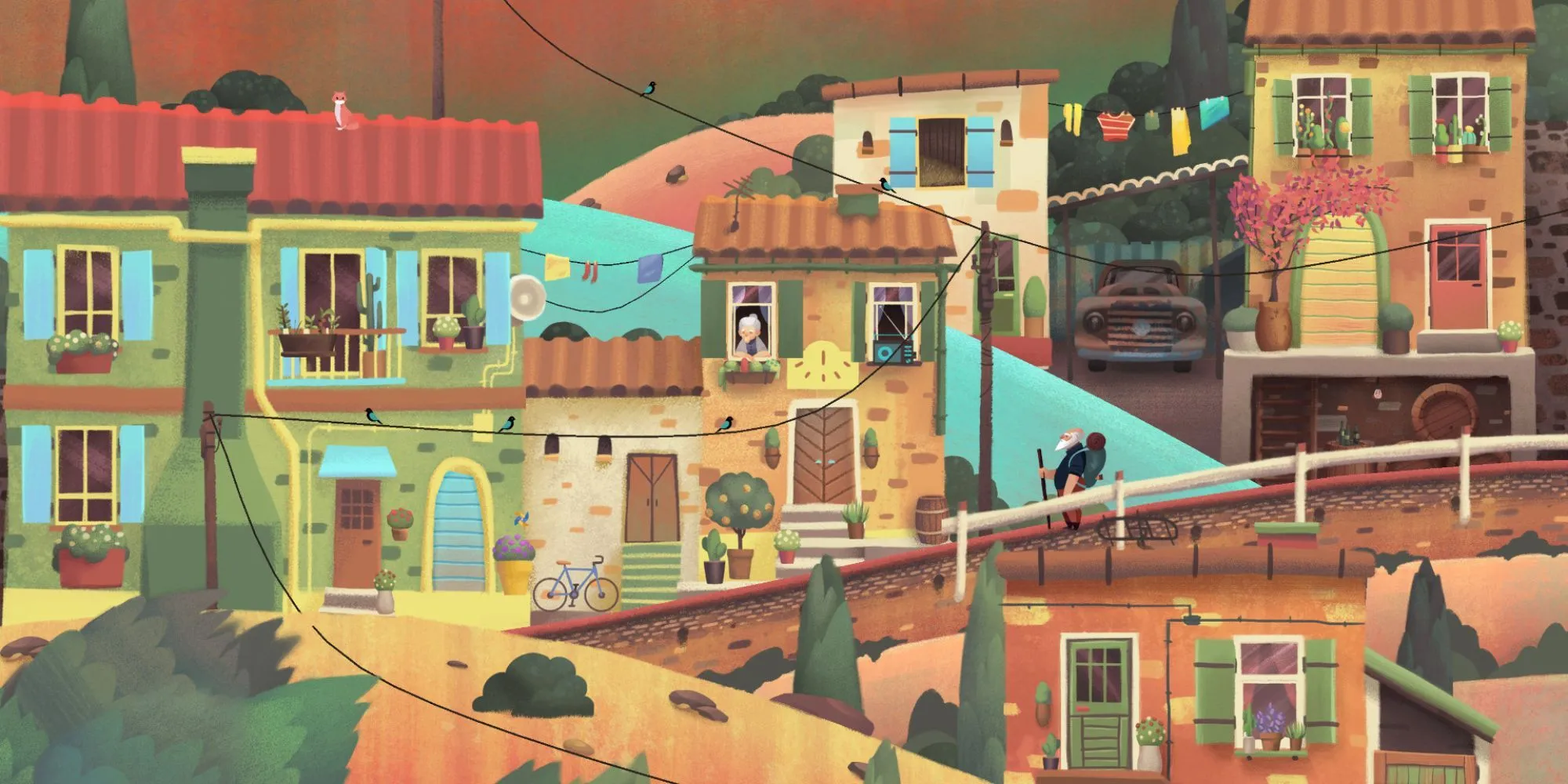 Ông lão đứng trên ngọn đồi nhìn xa xăm trong Old Man's Journey