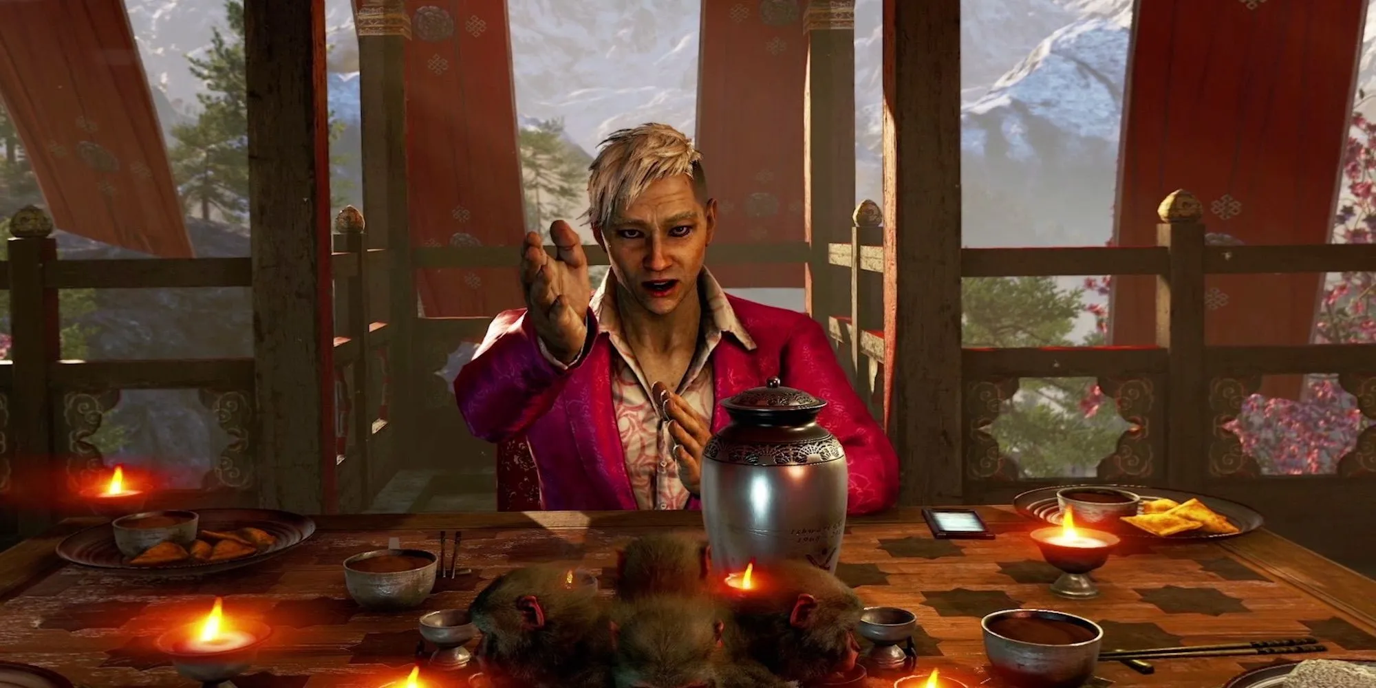 Pagan Min, phản diện của Far Cry 4, đang ra hiệu và nói chuyện với người chơi