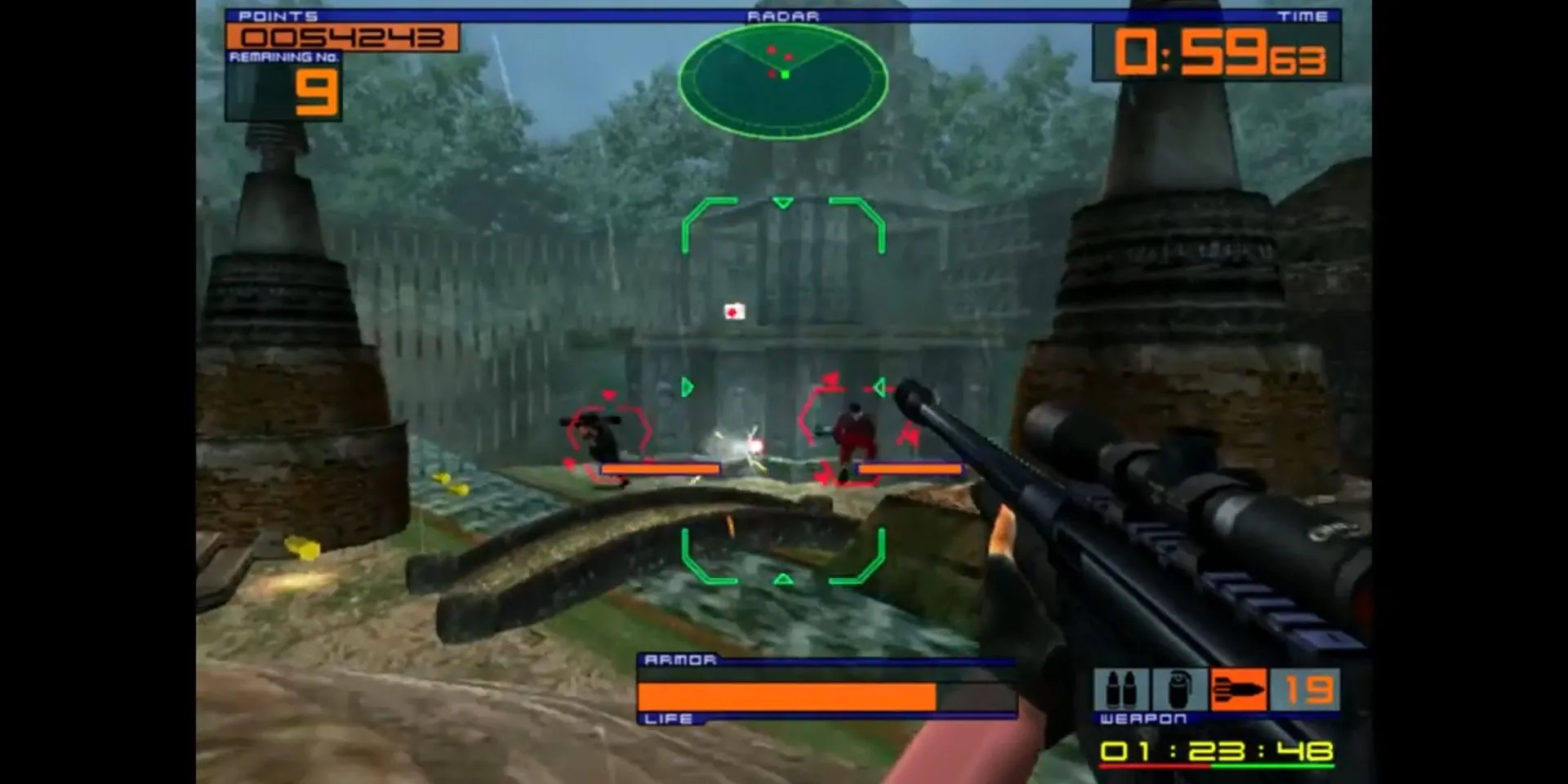 Pha đấu súng góc nhìn thứ ba đầy kịch tính trong game Outtrigger trên Dreamcast