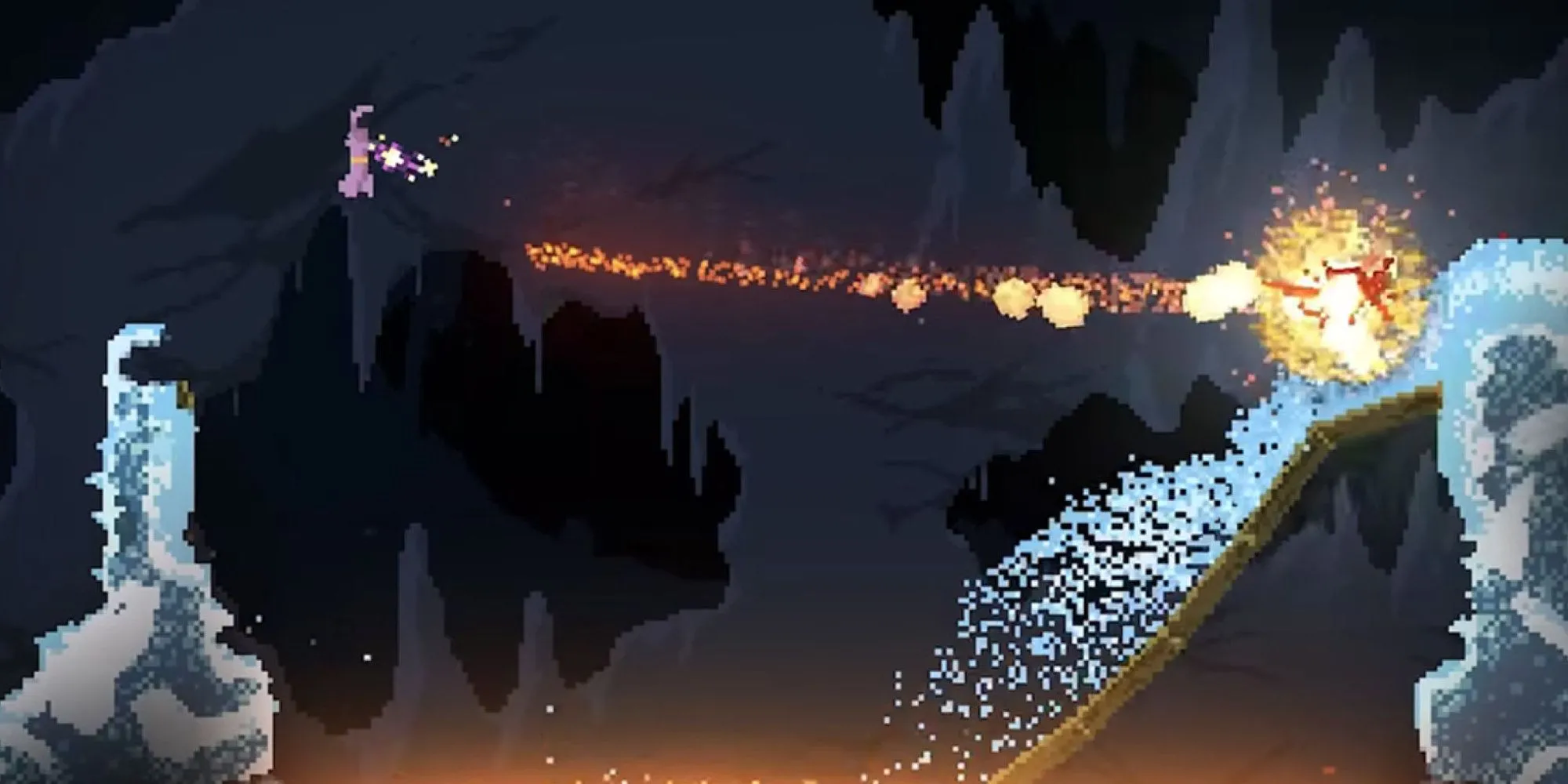 Pháp sư di chuyển trong môi trường vật lý pixel có thể bị phá hủy trong game roguelike Noita, nổi bật với cơ chế sáng tạo phép thuật điên rồ