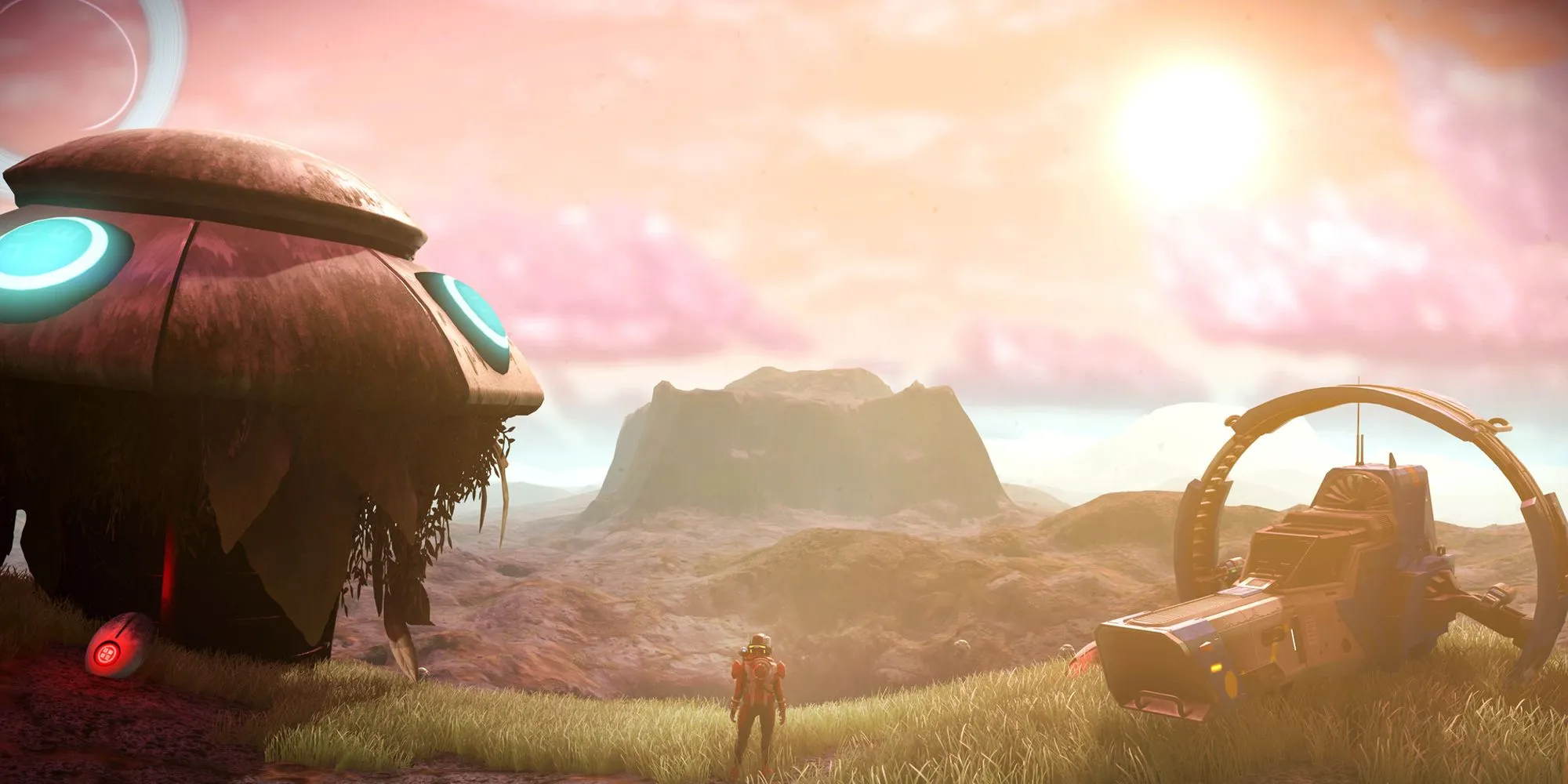Phi hành gia đứng trên một hành tinh đầy màu sắc trong No Man's Sky