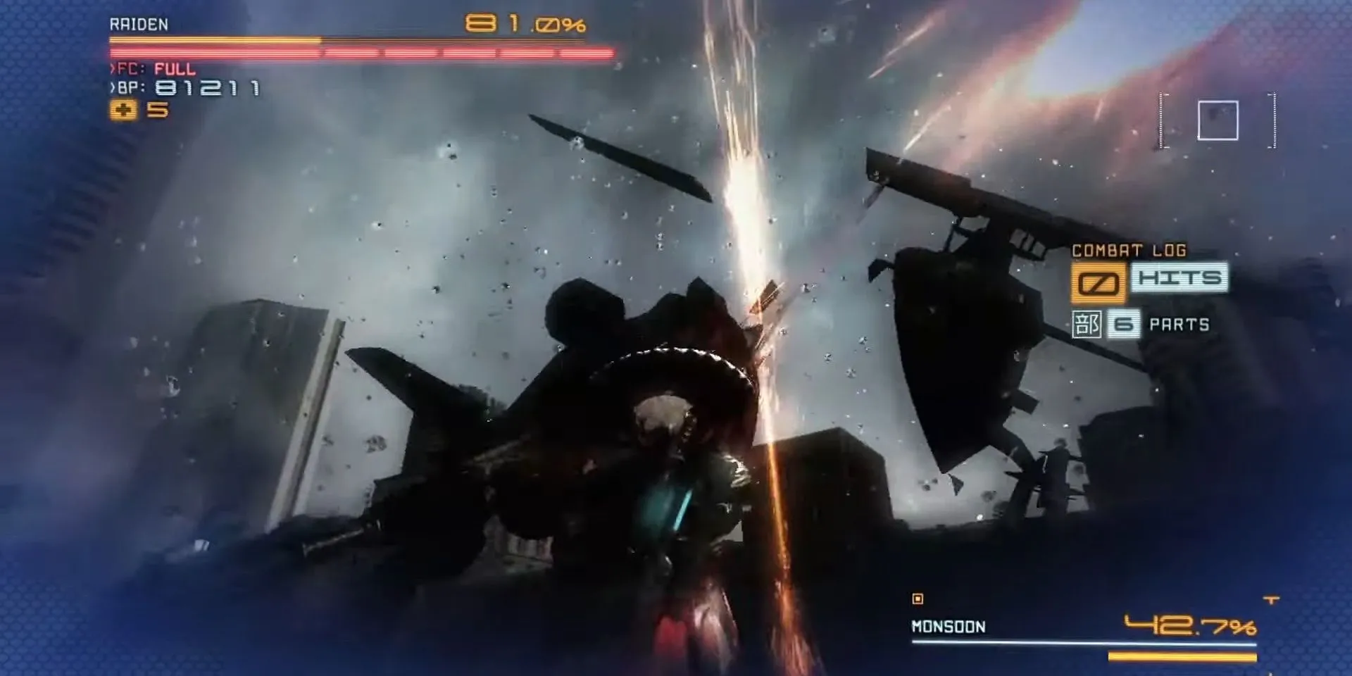Raiden dùng kiếm chém nát trực thăng trong Metal Gear Rising: Revengeance.