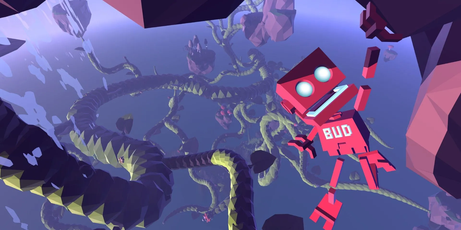 Robot BUD đang leo lên thân cây khổng lồ trong game Grow Home