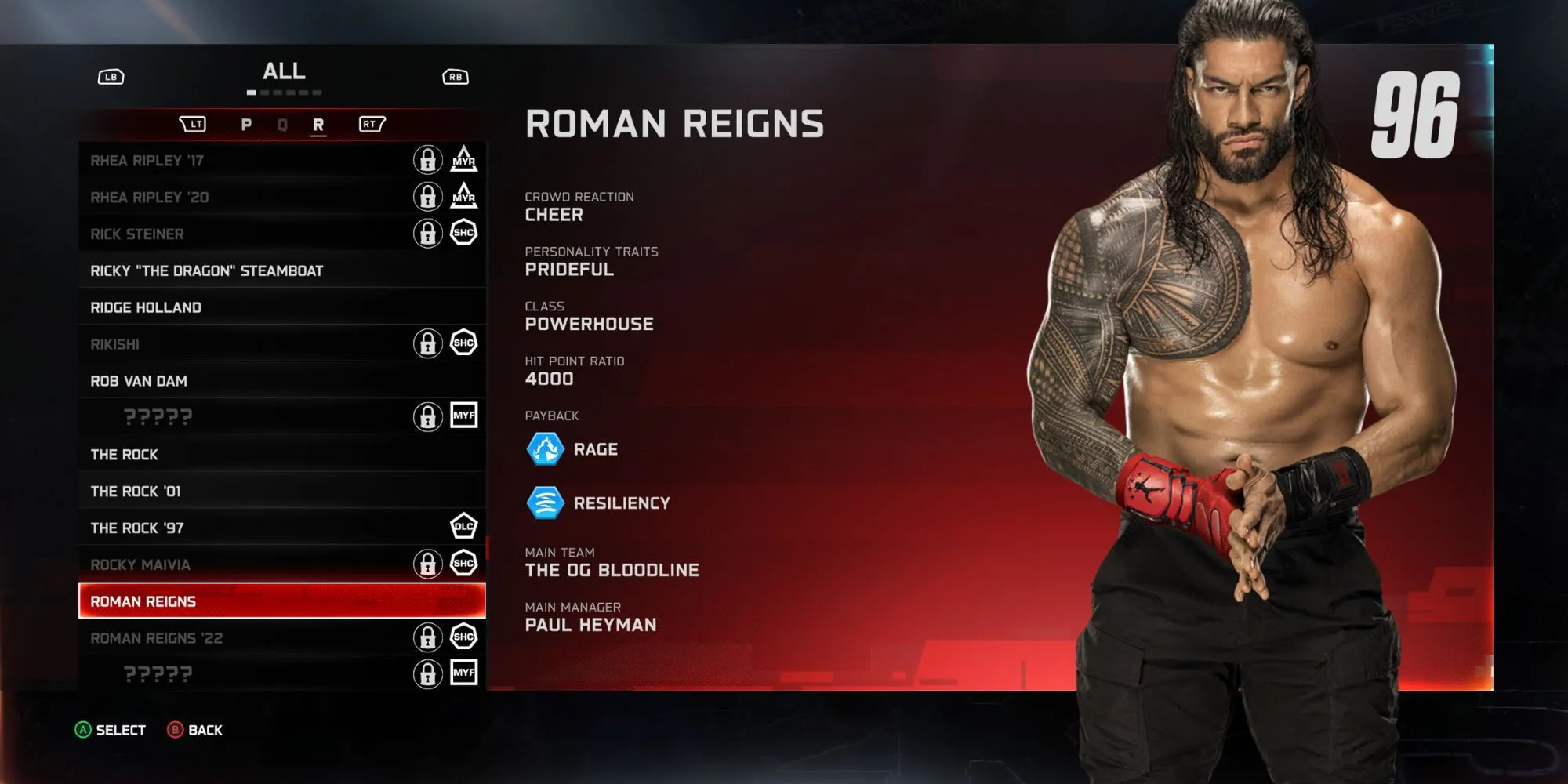 Roman Reigns, một Powerhouse điển hình trong WWE 2K25, với vẻ ngoài đầy uy lực