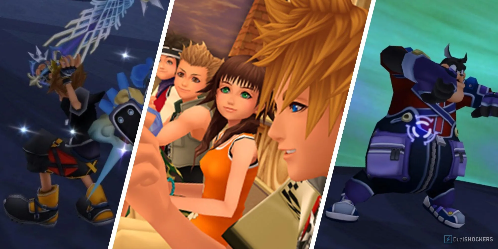 Roxas ngồi trên tháp đồng hồ nhìn xuống thành phố, bên cạnh là Sora và Pete trong Kingdom Hearts 2