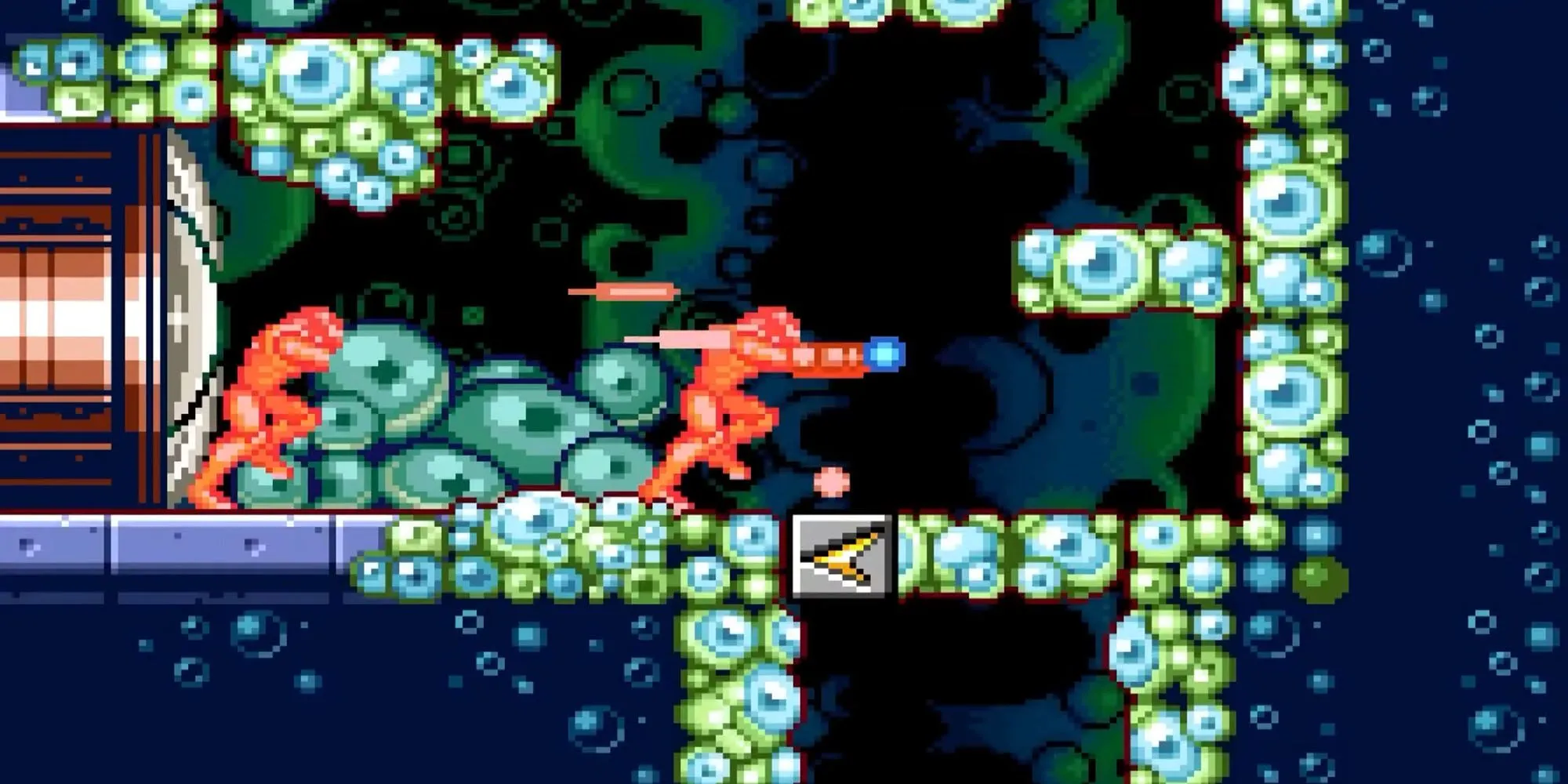 Samus kích hoạt Speed Booster trong Metroid Zero Mission, phá vỡ địa hình và kẻ thù