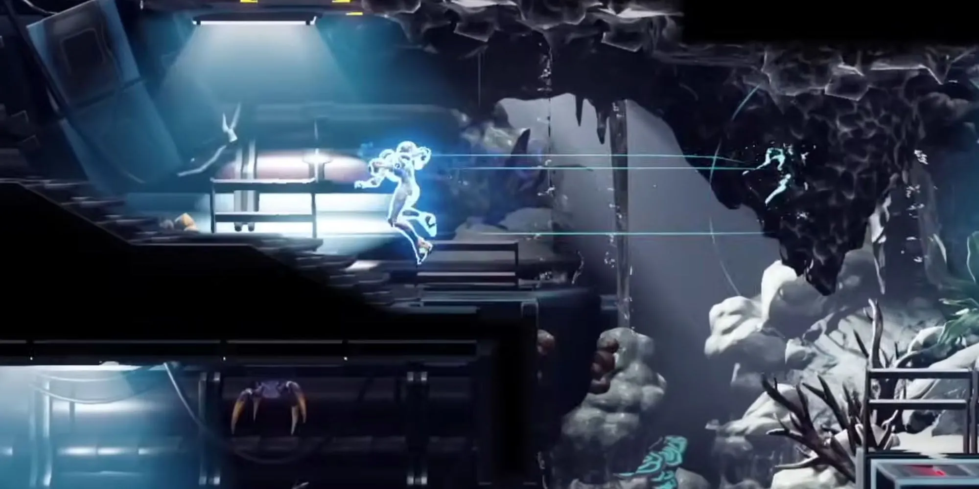 Samus thực hiện Flash Shift trong Metroid Dread, di chuyển tức thời né đòn