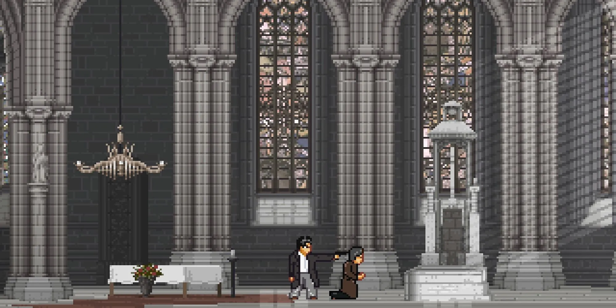 Screenshot gameplay Arrest of a Stone Buddha với đồ họa pixel art và hành động 2D