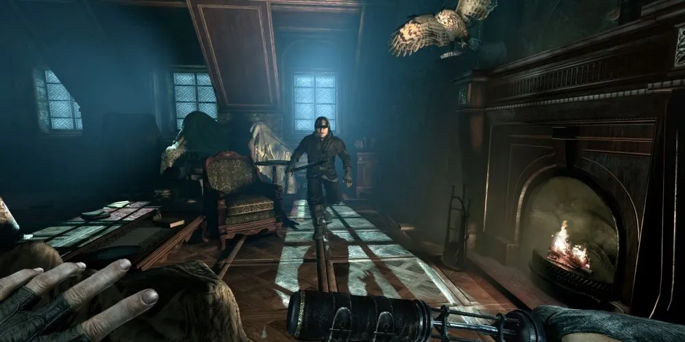 Siêu trộm Garrett rình rập trong bóng tối của thành phố The City trong game Thief với cấu trúc bán thế giới mở theo chương