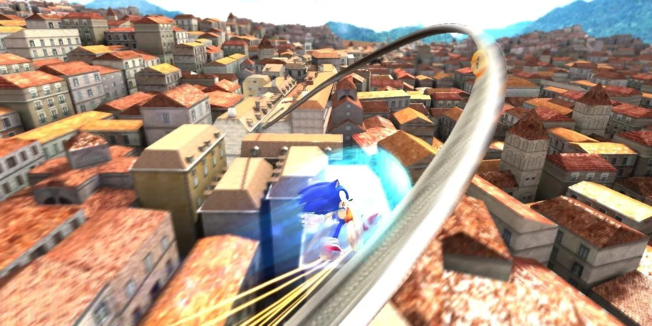 Sonic lướt trên đường ray tại Rooftop Run Act 1 trong Sonic Unleashed
