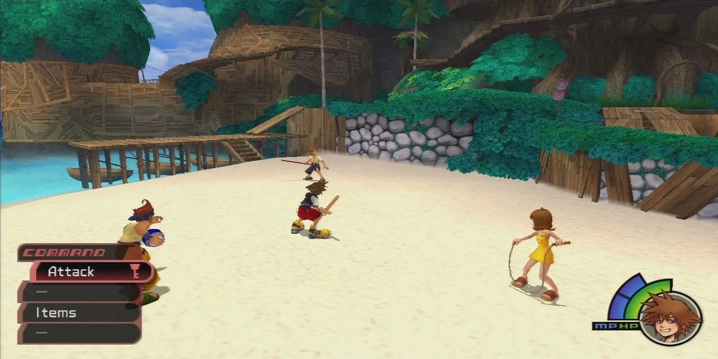 Sora chiến đấu với Tidus, Wakka, và Selphie tại Quần Đảo Định Mệnh trong Kingdom Hearts.