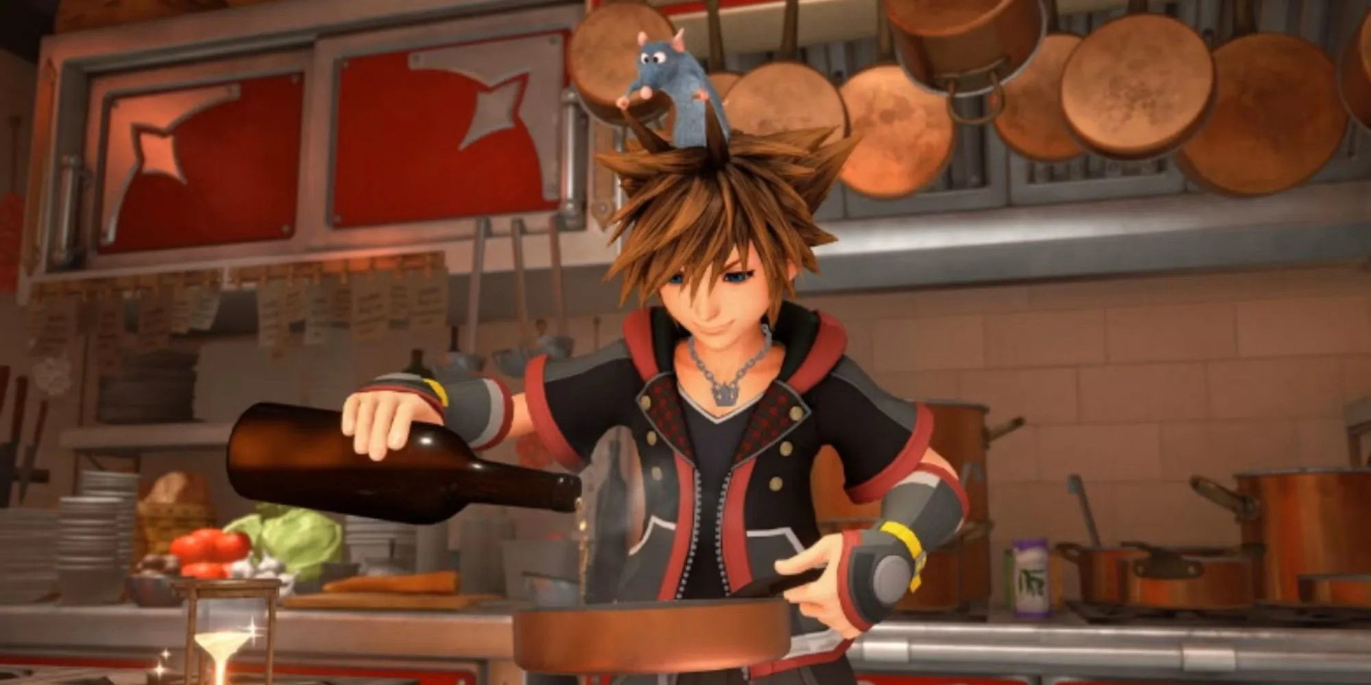 Sora và chú chuột Remy phối hợp chế biến món ăn trong mini-game nấu nướng của Kingdom Hearts 3