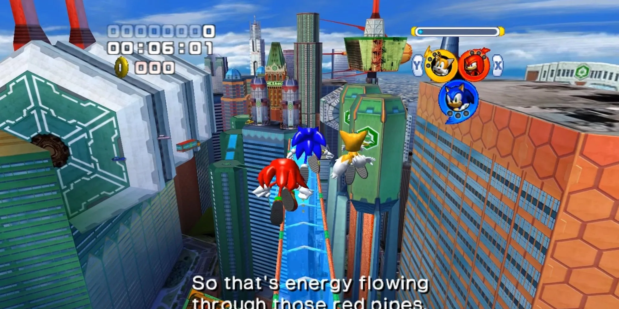 Team Sonic gồm Sonic, Tails và Knuckles tại Grand Metropolis trong Sonic Heroes