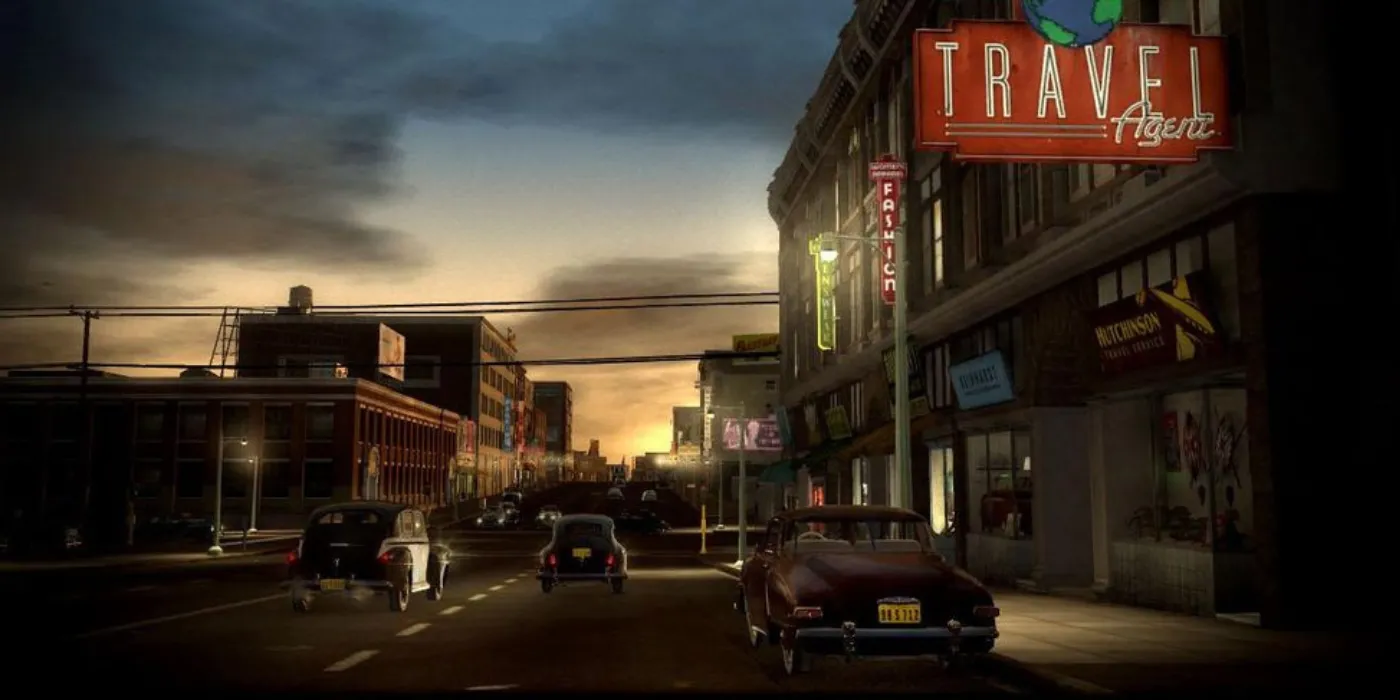 Thám tử Cole Phelps trong L.A. Noire đang xem xét một hiện trường vụ án tại Los Angeles thập niên 40