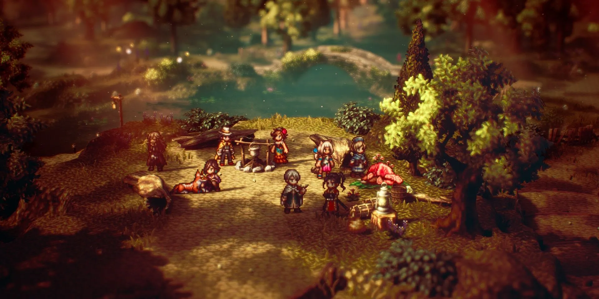 The party around the campfire in Octopath Traveler 2